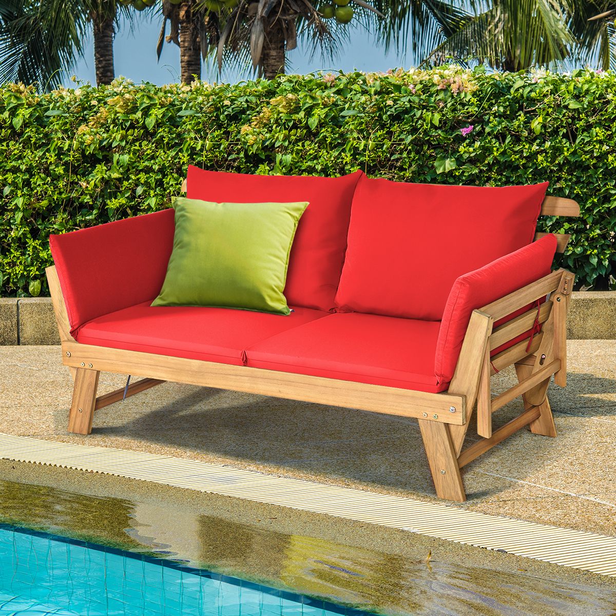 Convertible Deck Chair with Cushion 2 in 1 Acacia Wood Garden Sofa with Adjustable Armrest for Patio Swimming Pool Garden White/Grey/Blue/Red -
