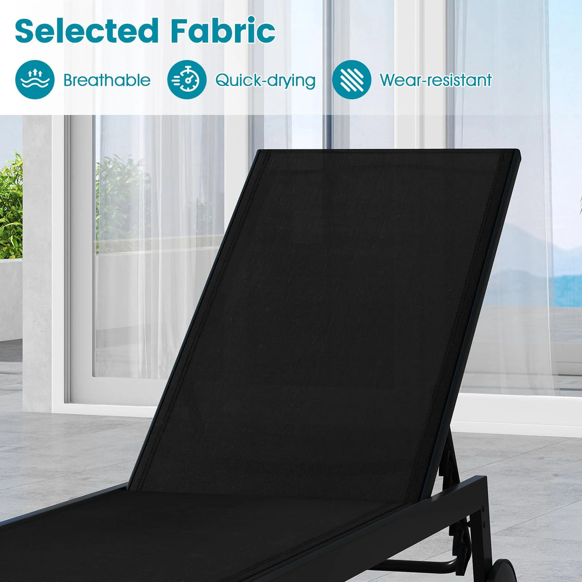 Tangkula Lounge Chair Outdoor with Wheels, Patio Chaise Lounge with 6-Level Adjustable Backrest(2, Black) - Product image 7