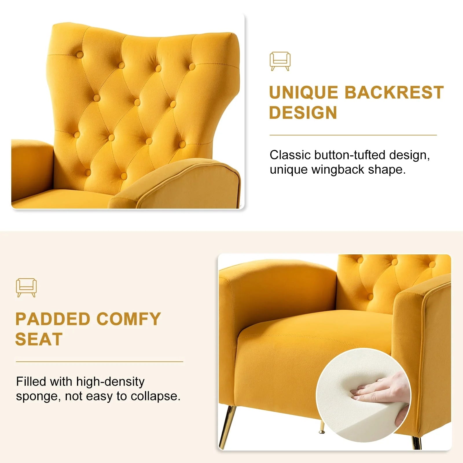 14 Karat Home Fall Home Decor Velvet Accent Chair Button Tufted Metal Legs Adult Living Room Mustard - Product image 3