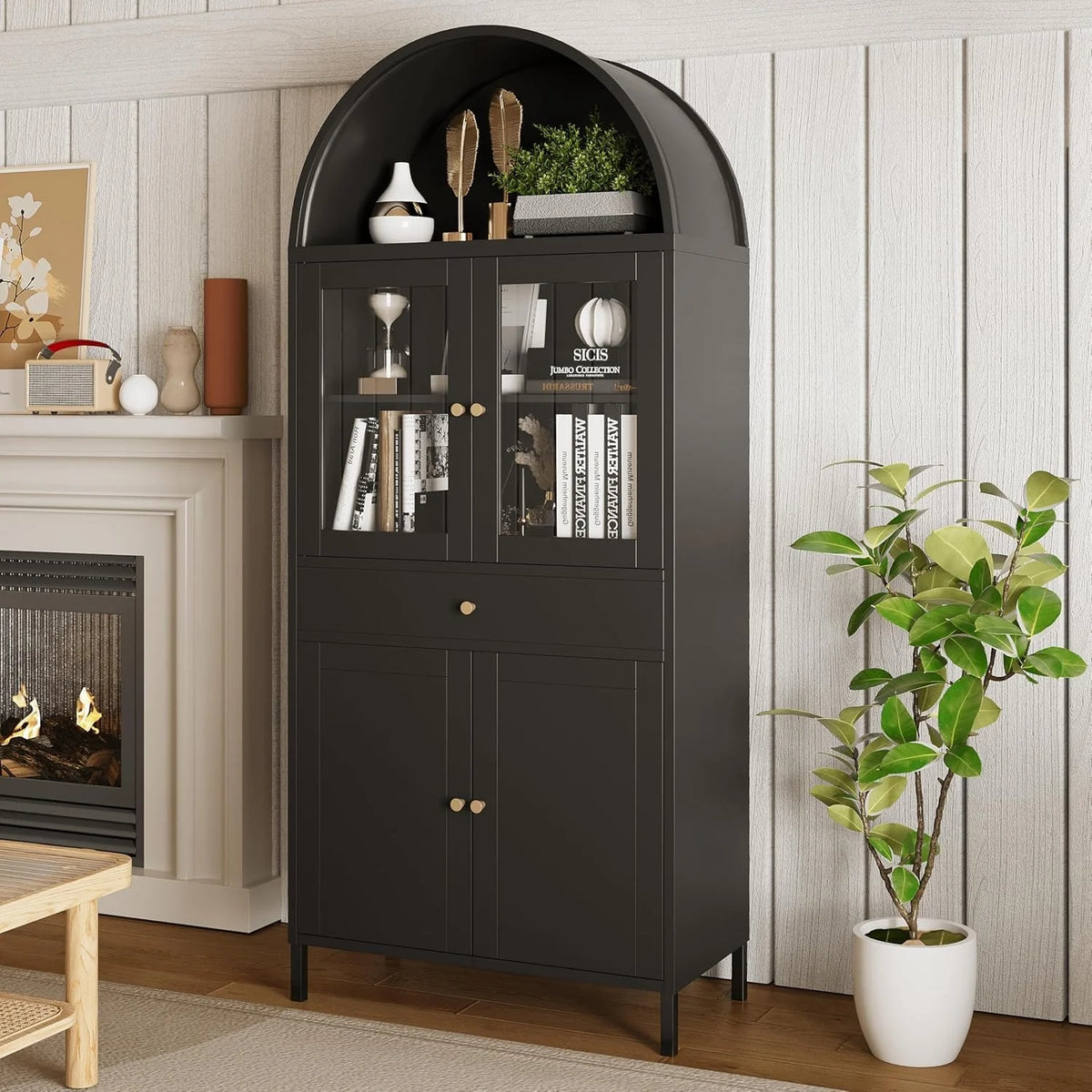 AECOJOY 73'' Kitchen Pantry, Metal Arched Storage Cabinet with Glass Doors/Adjustable Shelfs/Drawer - Product image 9