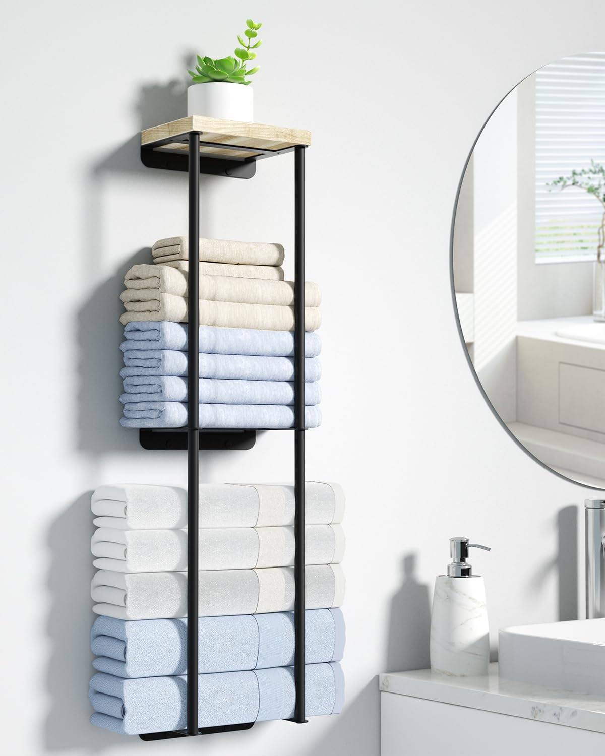 Nroech Towel Racks for Bathroom 2 Tier Wall Towel Holder with Wood Shelf Metal Wall Towel Rack Mounted - Product image 1