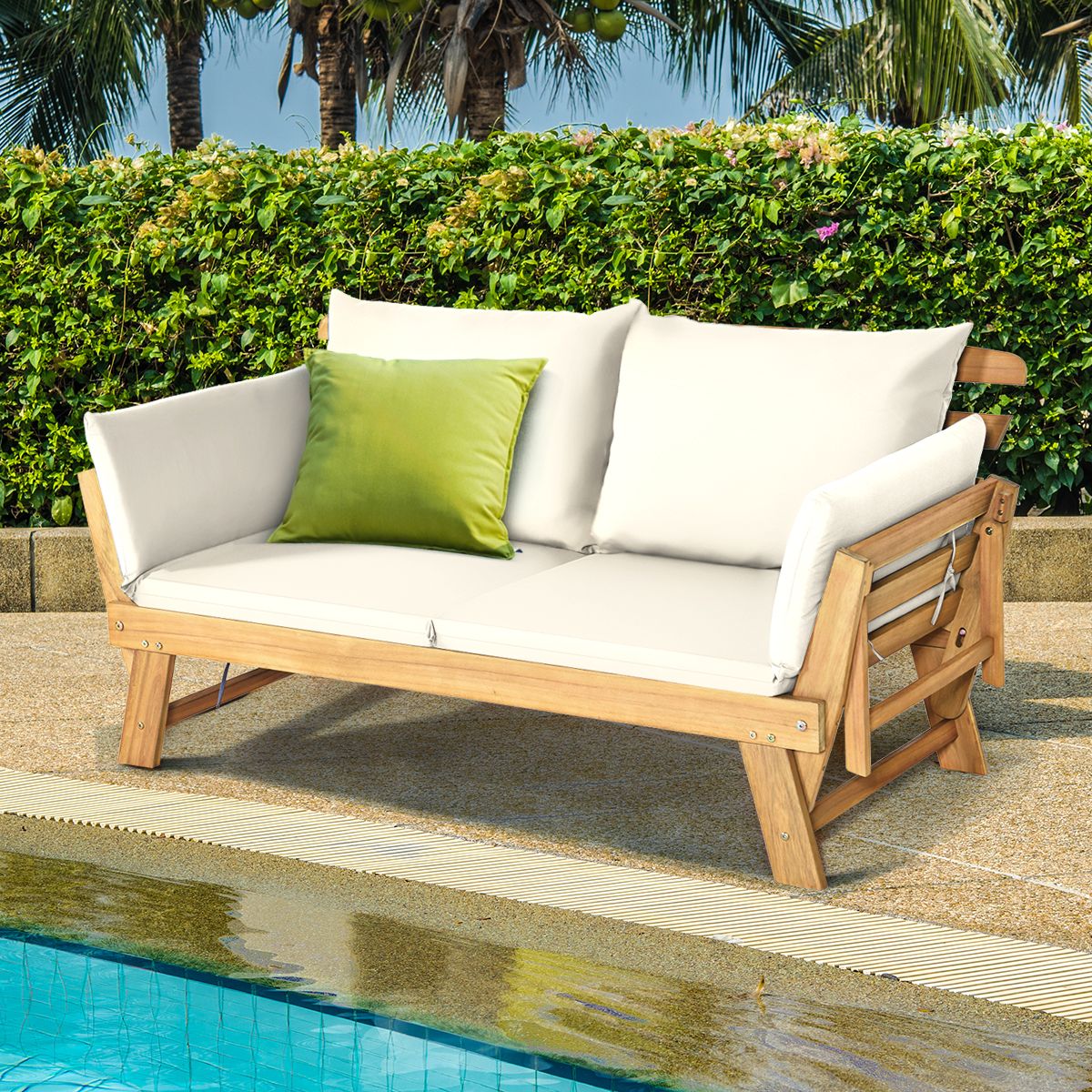 Convertible Deck Chair with Cushion 2 in 1 Acacia Wood Garden Sofa with Adjustable Armrest for Patio Swimming Pool Garden White/Grey/Blue/Red -