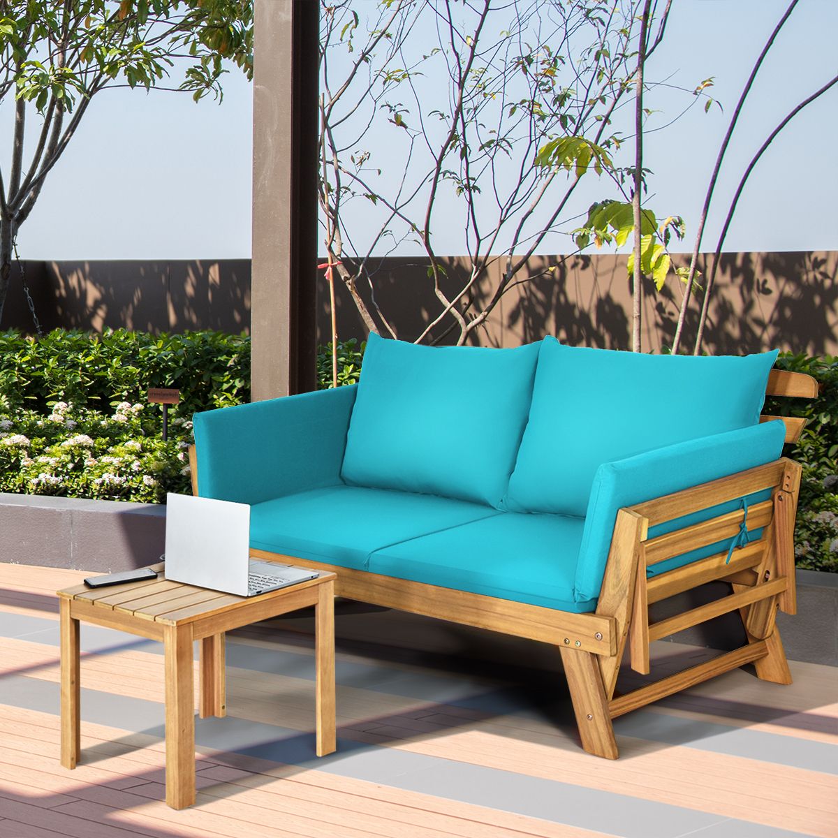 Convertible Deck Chair with Cushion 2 in 1 Acacia Wood Garden Sofa with Adjustable Armrest for Patio Swimming Pool Garden White/Grey/Blue/Red -