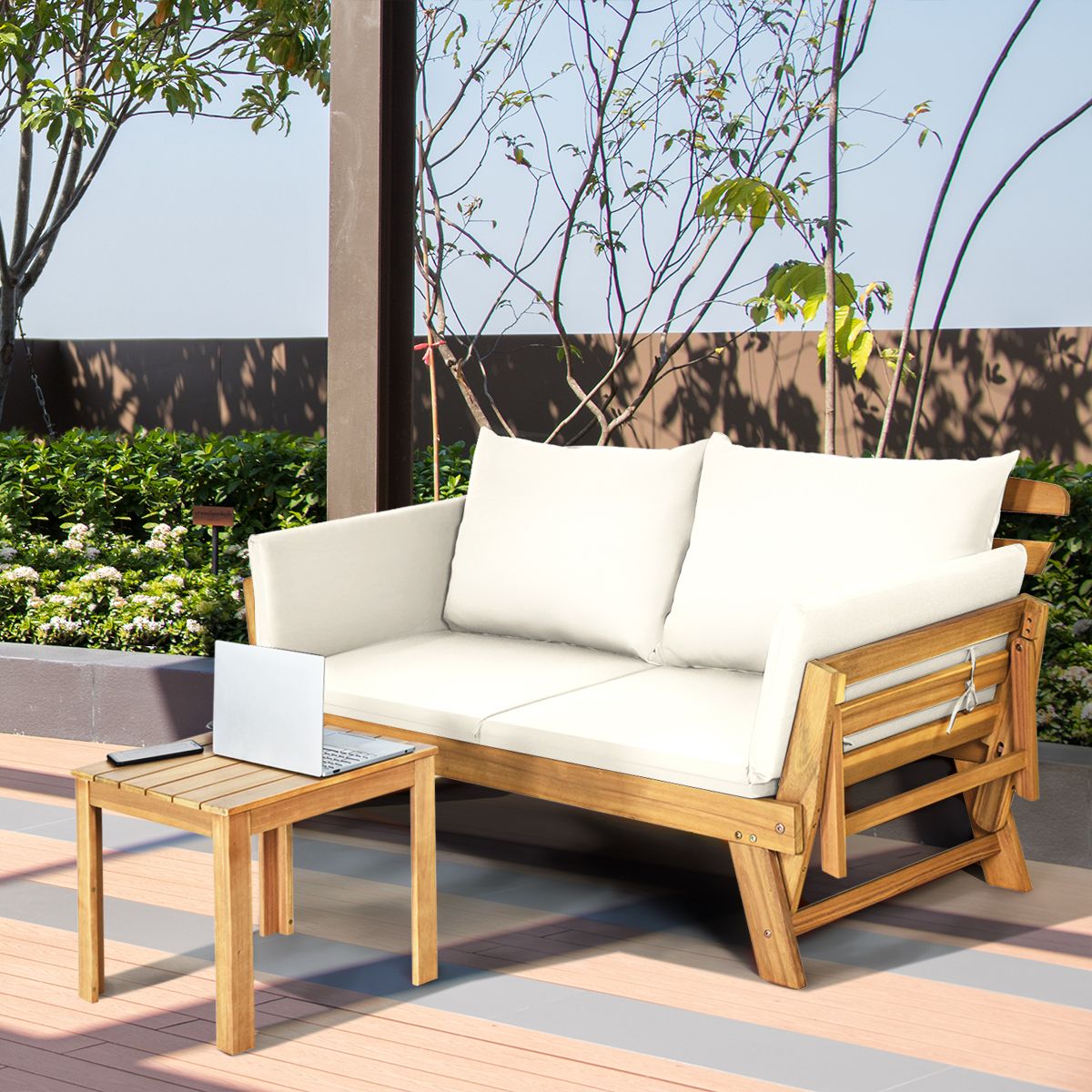 Convertible Deck Chair with Cushion 2 in 1 Acacia Wood Garden Sofa with Adjustable Armrest for Patio Swimming Pool Garden White/Grey/Blue/Red -