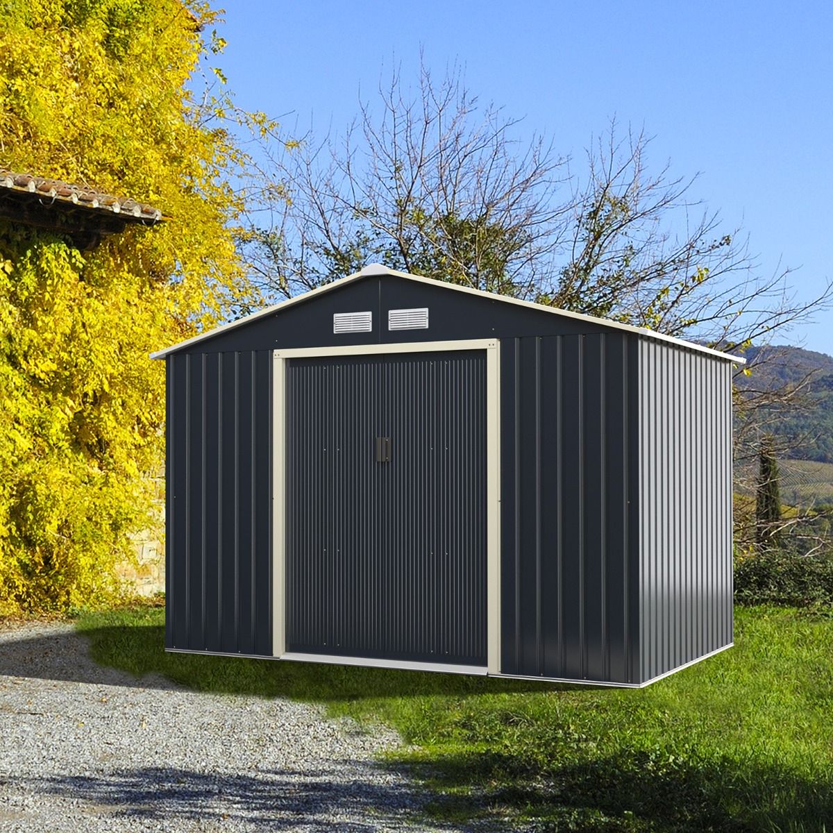 Metal Garden Shed 5.29 77 x 191 x 202 cm with 2 Lockable Sliding Doors 4 Ventilation Holes Gray for Bicycle -