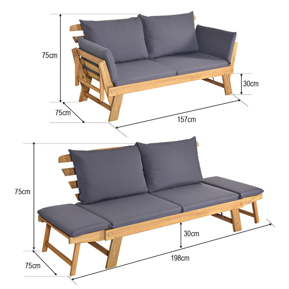 Convertible Deck Chair with Cushion 2 in 1 Acacia Wood Garden Sofa with Adjustable Armrest for Patio Swimming Pool Garden White/Grey/Blue/Red -