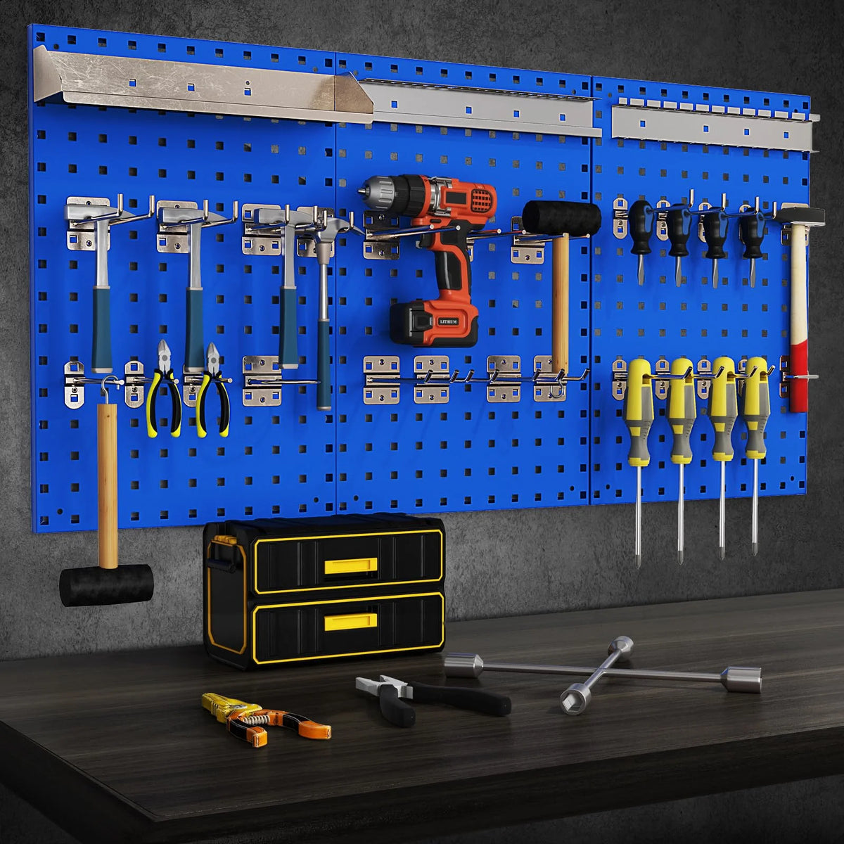 3 Pcs Metal Pegboard Panels w/25 Hooks, Storage Platform & Square Hole, Heavy Duty Pegboard Wall Organizer - Product image 11