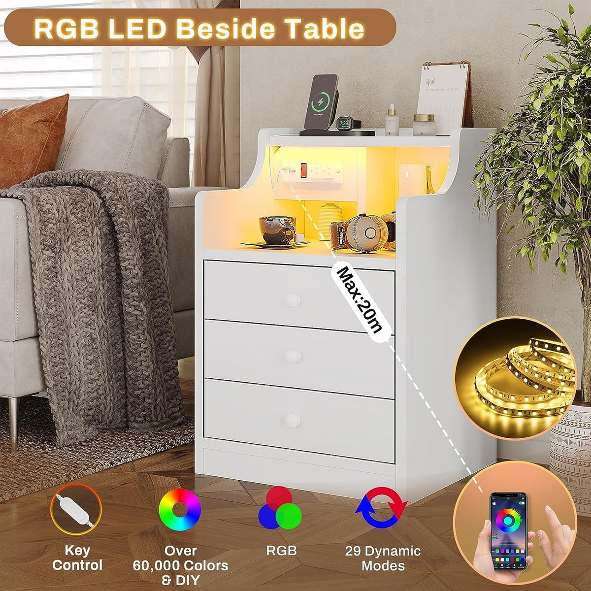 Nightstand with 3 Drawers and Shelves, Night Stand with LED Lights and USB Port Charging Station - Product image 5