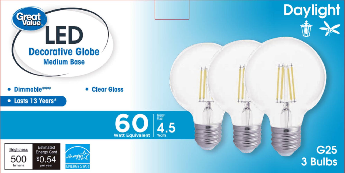 Great Value Deco LED G25 Light Bulb 60W Eqv. Dayight, E26 Base, 3 Pack - Product image 1