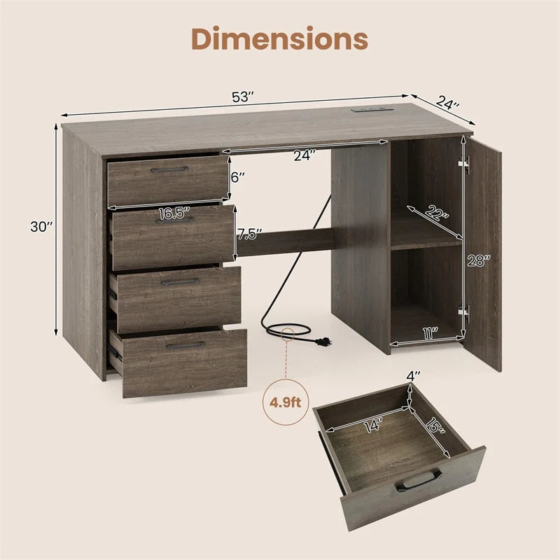 53" Computer Desk with 4 Storage Drawers & Cabinet, Home Office Desk w/ Charging Station - Product image 14