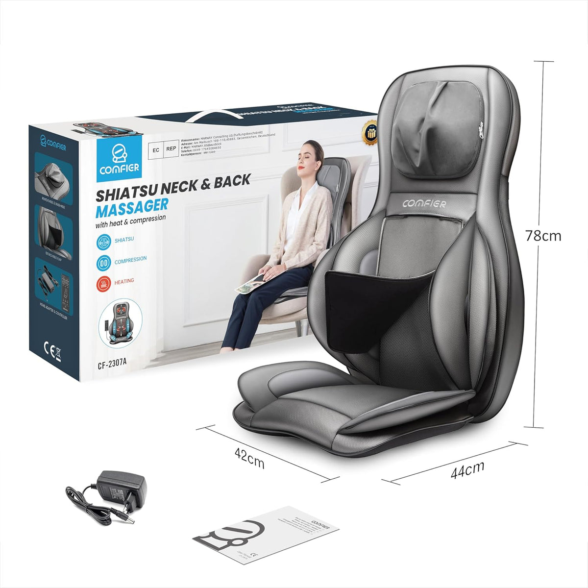 COMFIER Shiatsu Massage Seat with Compression and Rolling - Back Massager with Heat, Kneading Massage Chair for Back, Neck and Shoulders, Gift for Dad Mom Women Men