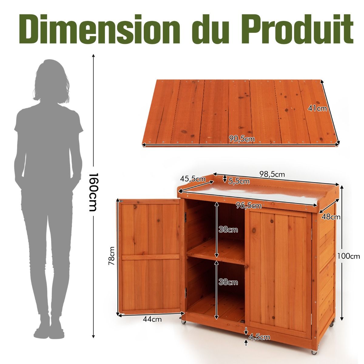 Costwy Garden Storage Wooden Cabinet Gardening Table with Removable Shelf 4 Universal Wheels Galvanized Steel Top -