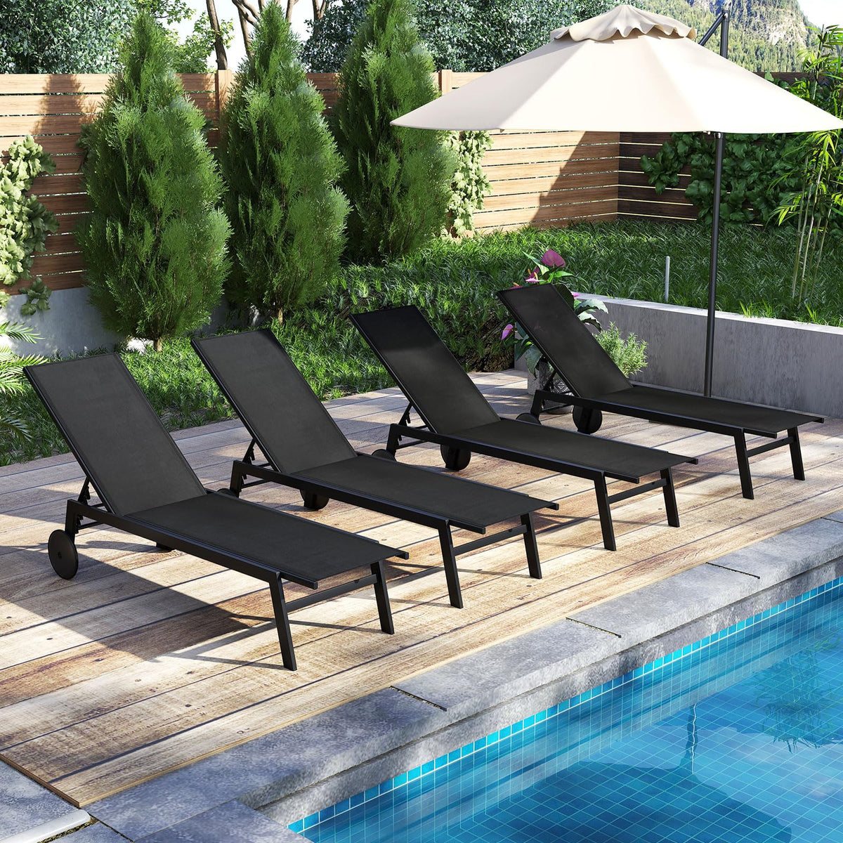 Tangkula Lounge Chair Outdoor with Wheels, Patio Chaise Lounge with 6-Level Adjustable Backrest(2, Black) - Product image 4