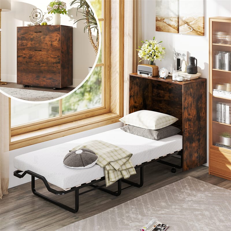 Cot Size Murphy Cabinet Bed with Mattress, 2-in-1 Folding Rollaway Guest Bed into Storage Cabinet with - Product image 1