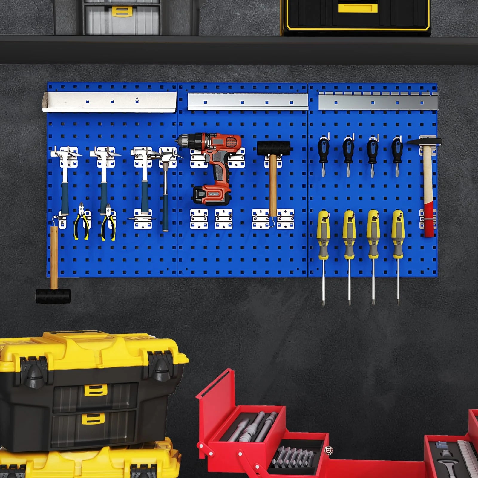 3 Pcs Metal Pegboard Panels w/25 Hooks, Storage Platform & Square Hole, Heavy Duty Pegboard Wall Organizer - Product image 12