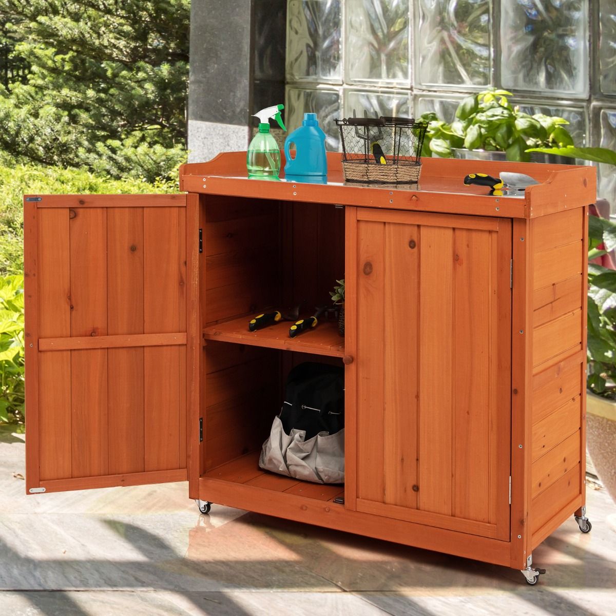Costwy Garden Storage Wooden Cabinet Gardening Table with Removable Shelf 4 Universal Wheels Galvanized Steel Top -