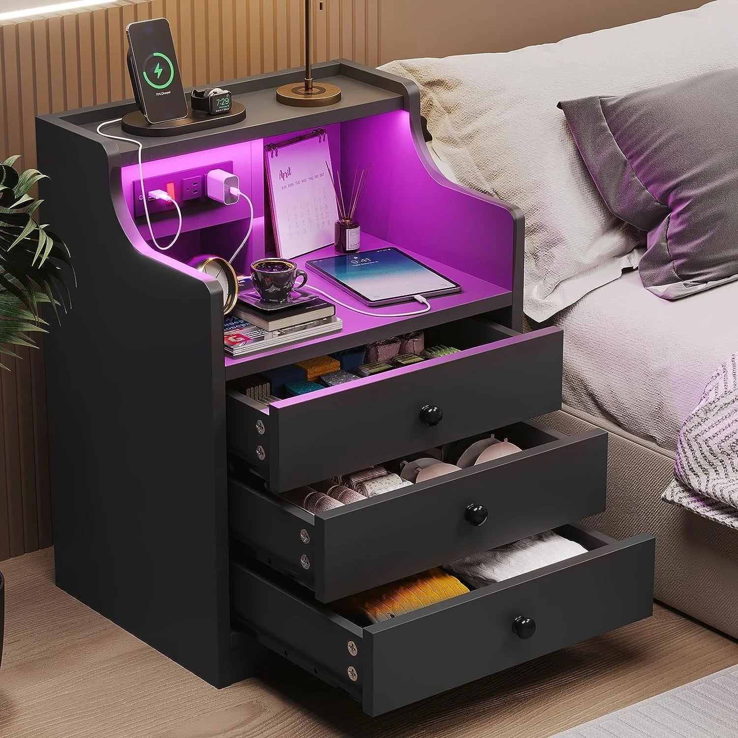 Nightstand with 3 Drawers and Shelves, Night Stand with LED Lights and USB Port Charging Station - Product image 1