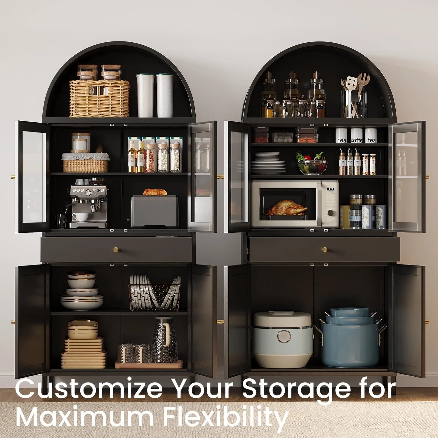 AECOJOY 73'' Kitchen Pantry, Metal Arched Storage Cabinet with Glass Doors/Adjustable Shelfs/Drawer - Product image 4