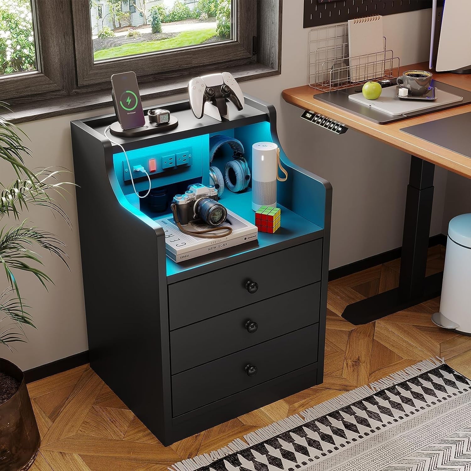 Nightstand with 3 Drawers and Shelves, Night Stand with LED Lights and USB Port Charging Station - Product image 4