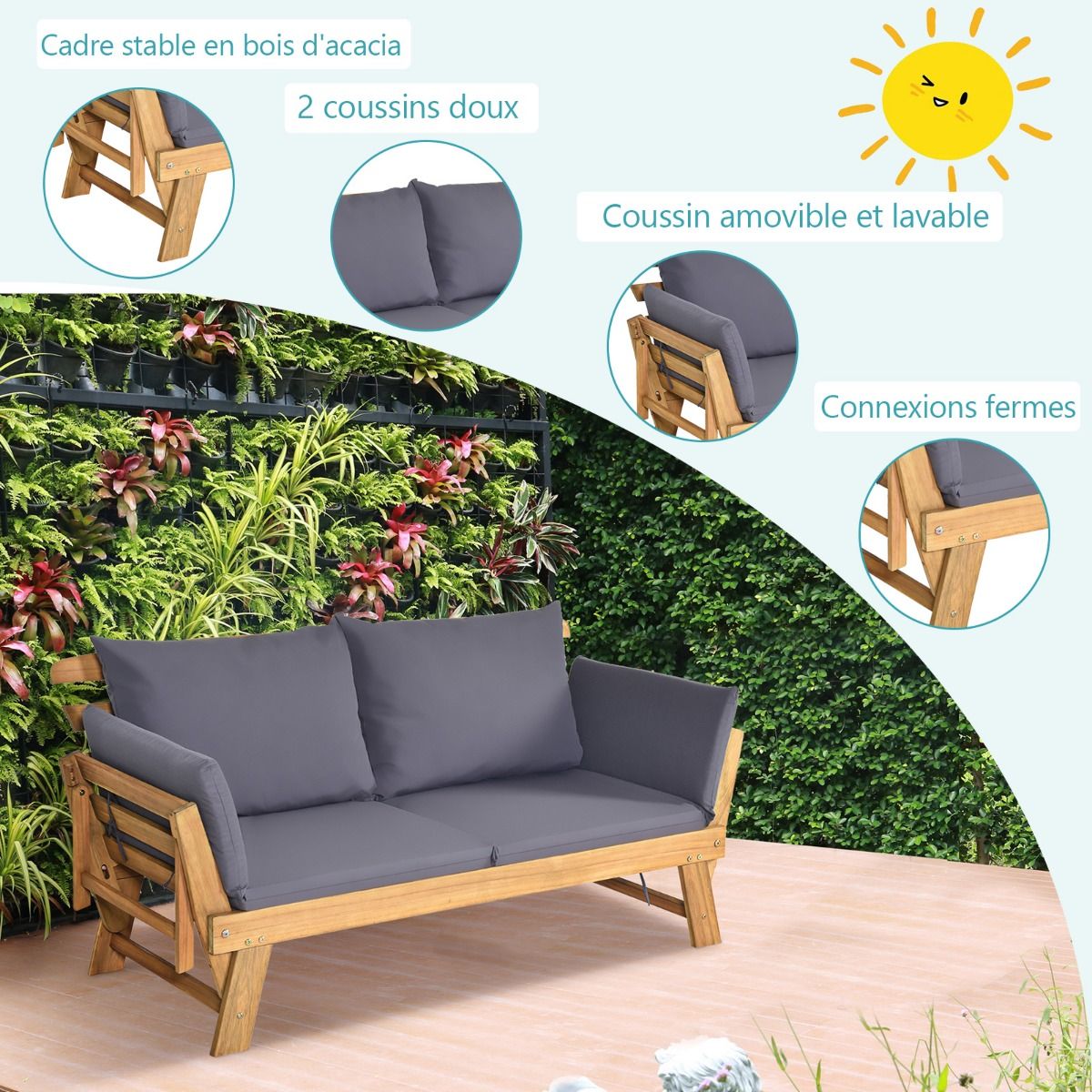 Convertible Deck Chair with Cushion 2 in 1 Acacia Wood Garden Sofa with Adjustable Armrest for Patio Swimming Pool Garden White/Grey/Blue/Red -
