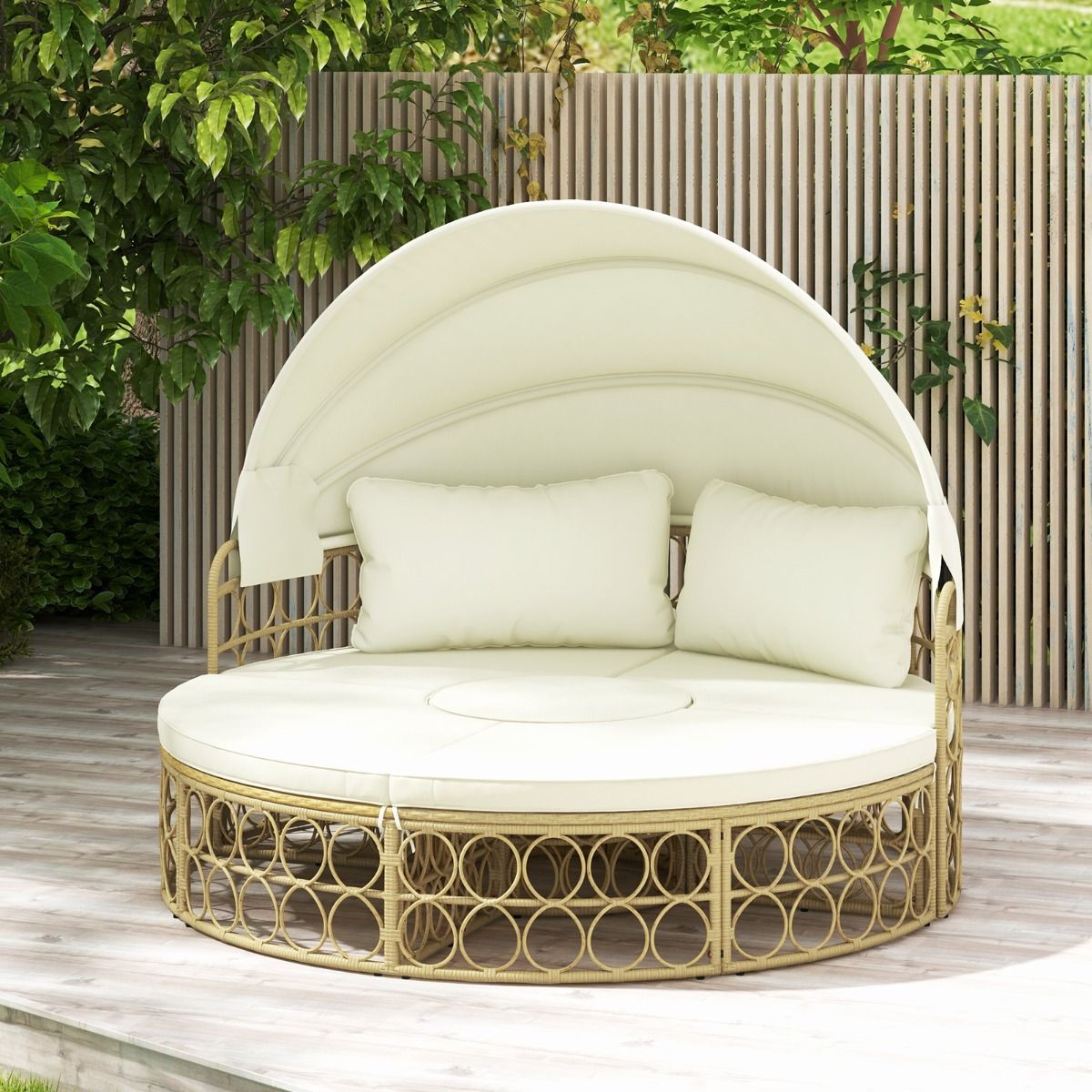 Round Patio Daybed with Retractable Canopy PE Rattan Separate Sectional Seating Set with Soft Cushions White -