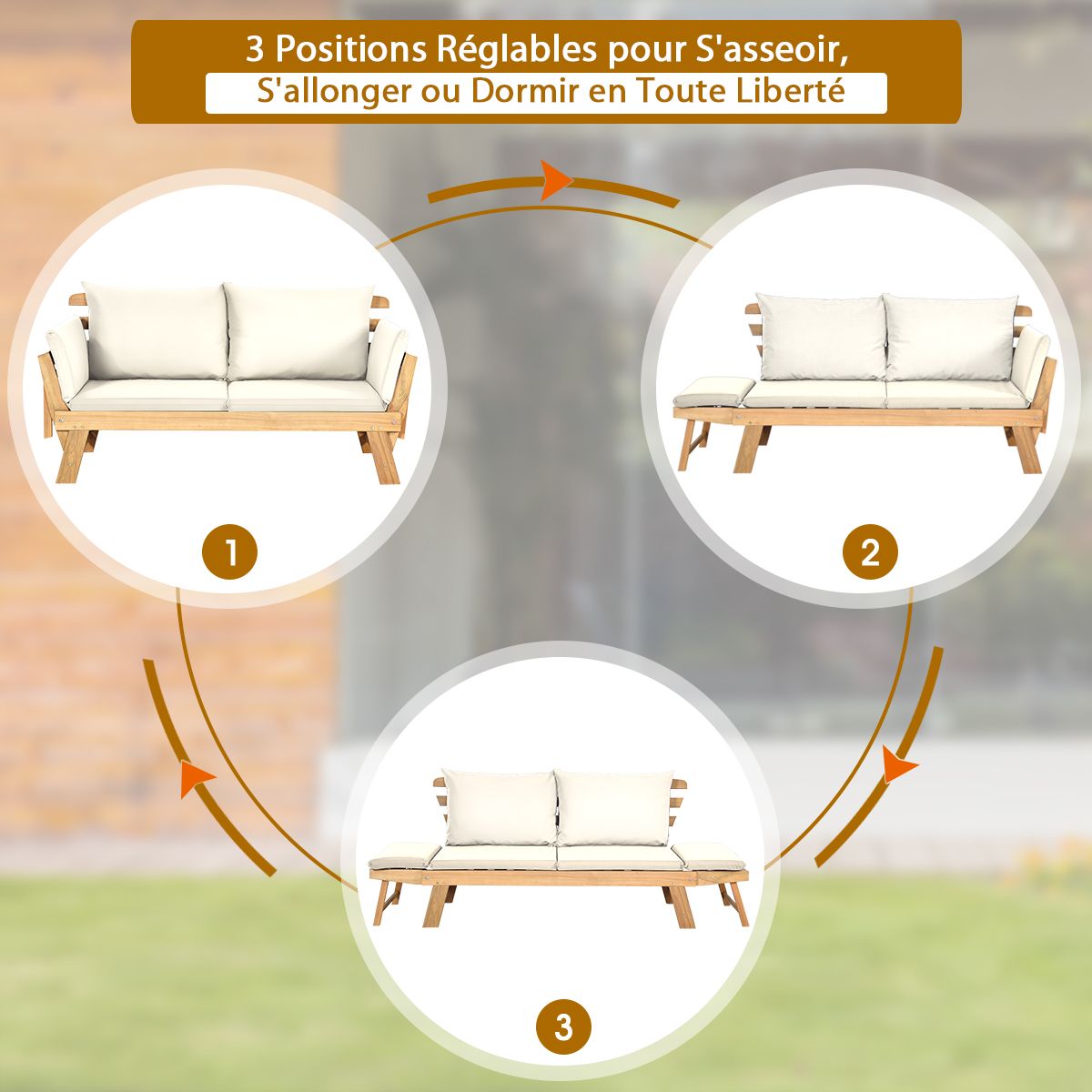 Convertible Deck Chair with Cushion 2 in 1 Acacia Wood Garden Sofa with Adjustable Armrest for Patio Swimming Pool Garden White/Grey/Blue/Red -