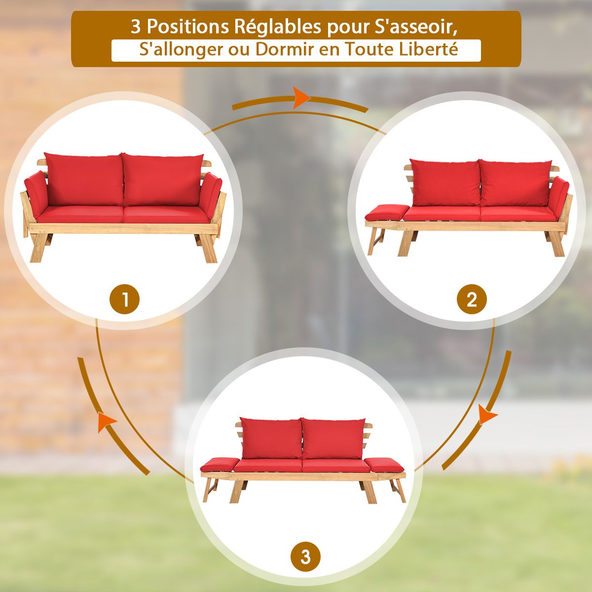 Convertible Deck Chair with Cushion 2 in 1 Acacia Wood Garden Sofa with Adjustable Armrest for Patio Swimming Pool Garden White/Grey/Blue/Red -