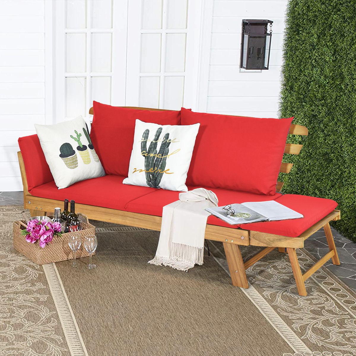 Convertible Deck Chair with Cushion 2 in 1 Acacia Wood Garden Sofa with Adjustable Armrest for Patio Swimming Pool Garden White/Grey/Blue/Red -