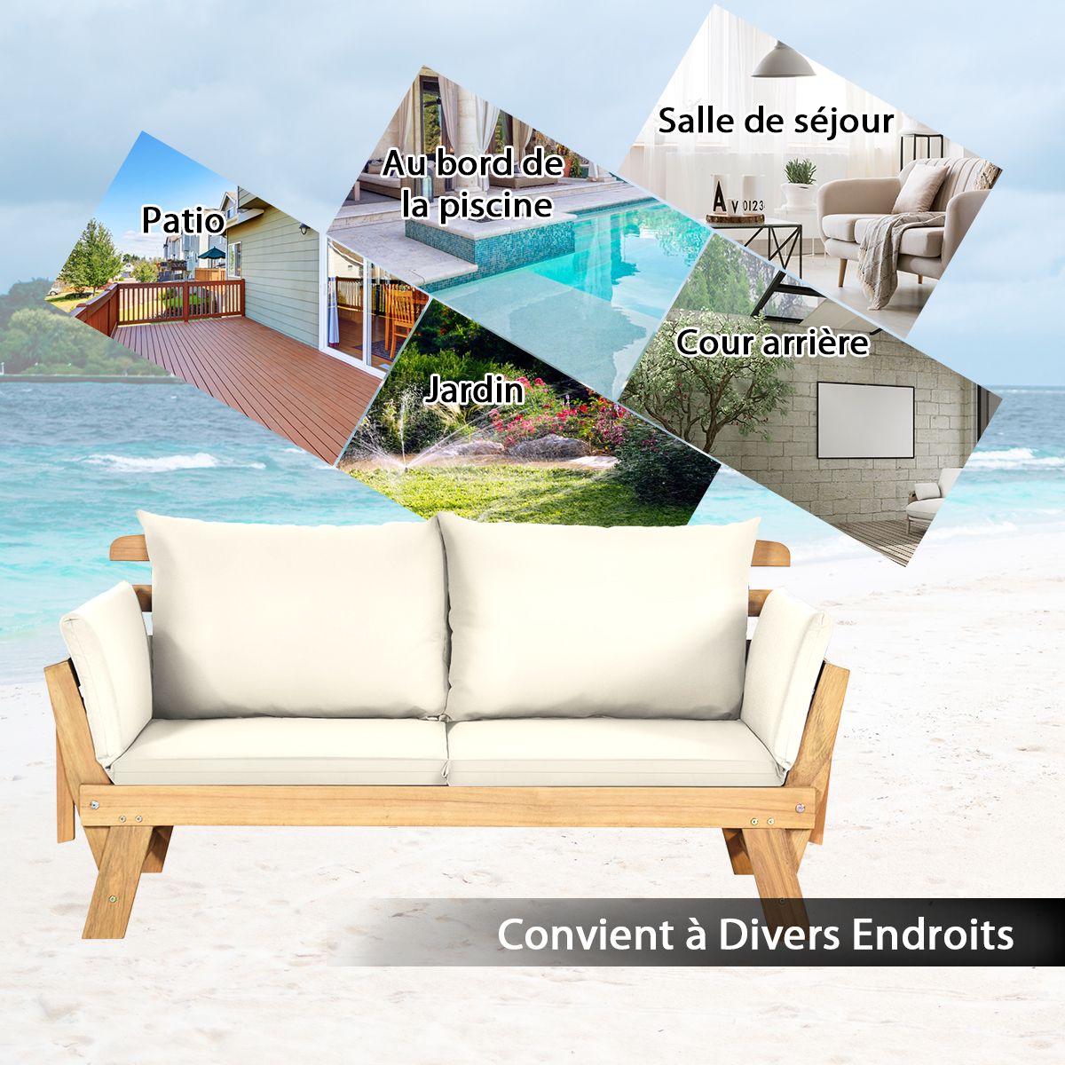 Convertible Deck Chair with Cushion 2 in 1 Acacia Wood Garden Sofa with Adjustable Armrest for Patio Swimming Pool Garden White/Grey/Blue/Red -