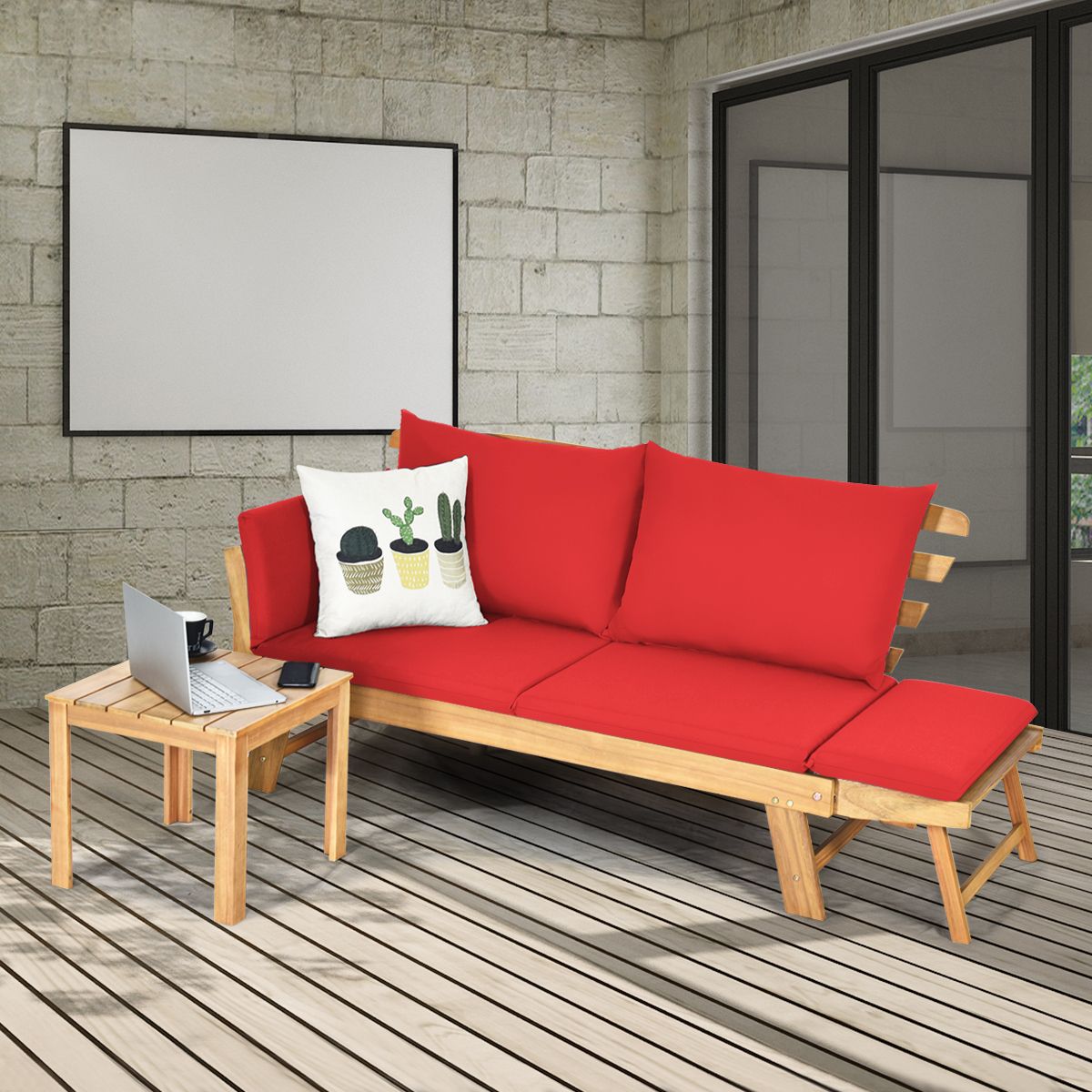 Convertible Deck Chair with Cushion 2 in 1 Acacia Wood Garden Sofa with Adjustable Armrest for Patio Swimming Pool Garden White/Grey/Blue/Red -