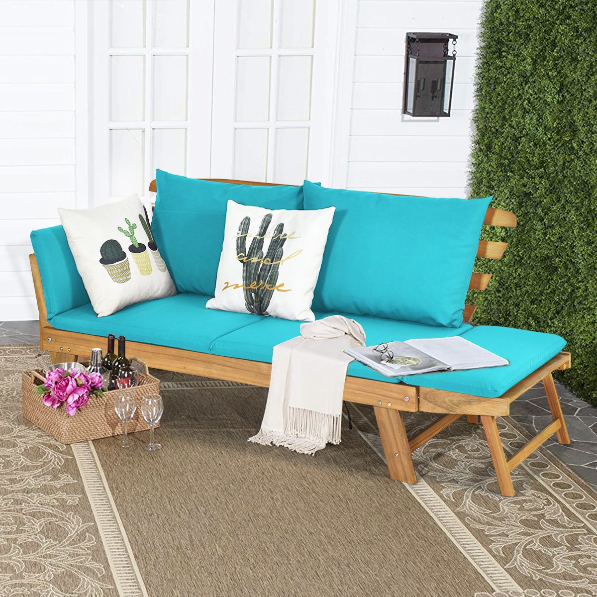 Convertible Deck Chair with Cushion 2 in 1 Acacia Wood Garden Sofa with Adjustable Armrest for Patio Swimming Pool Garden White/Grey/Blue/Red -