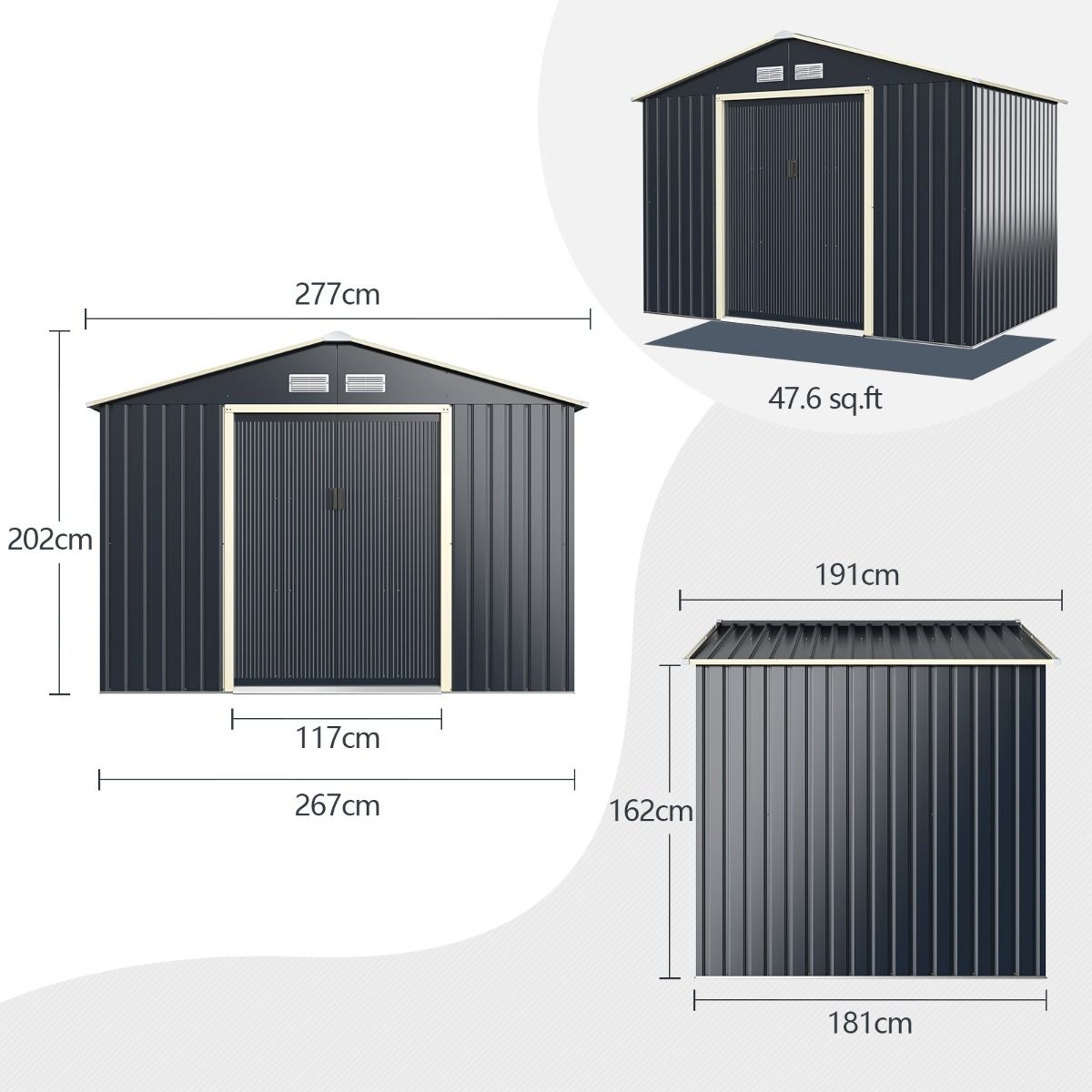 Metal Garden Shed 5.29 77 x 191 x 202 cm with 2 Lockable Sliding Doors 4 Ventilation Holes Gray for Bicycle -