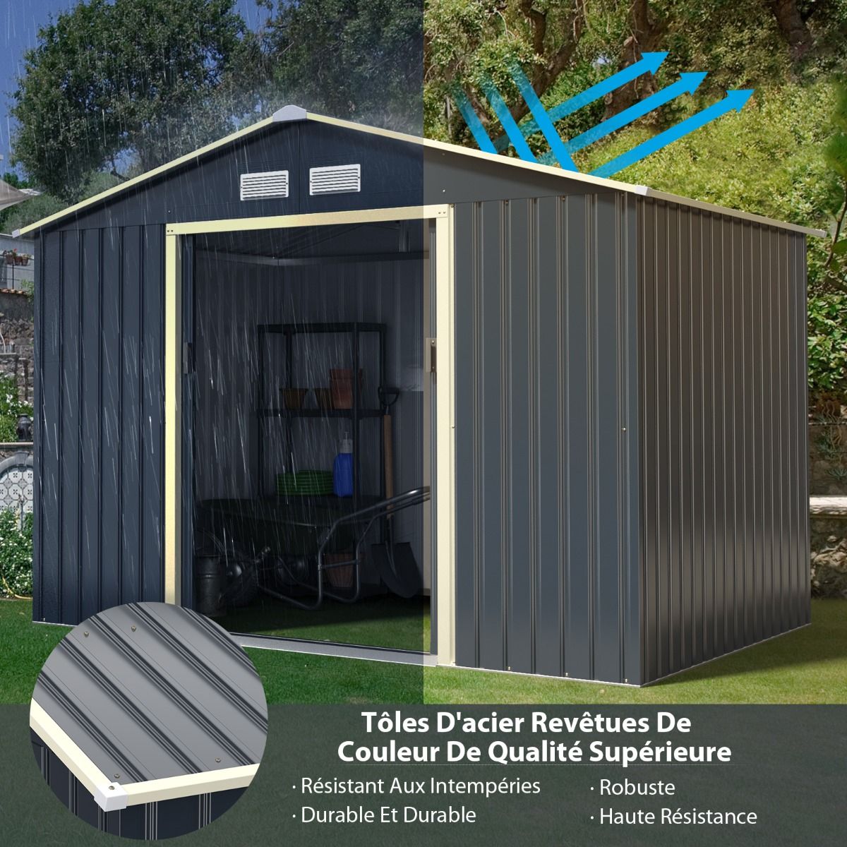 Metal Garden Shed 5.29 77 x 191 x 202 cm with 2 Lockable Sliding Doors 4 Ventilation Holes Gray for Bicycle -