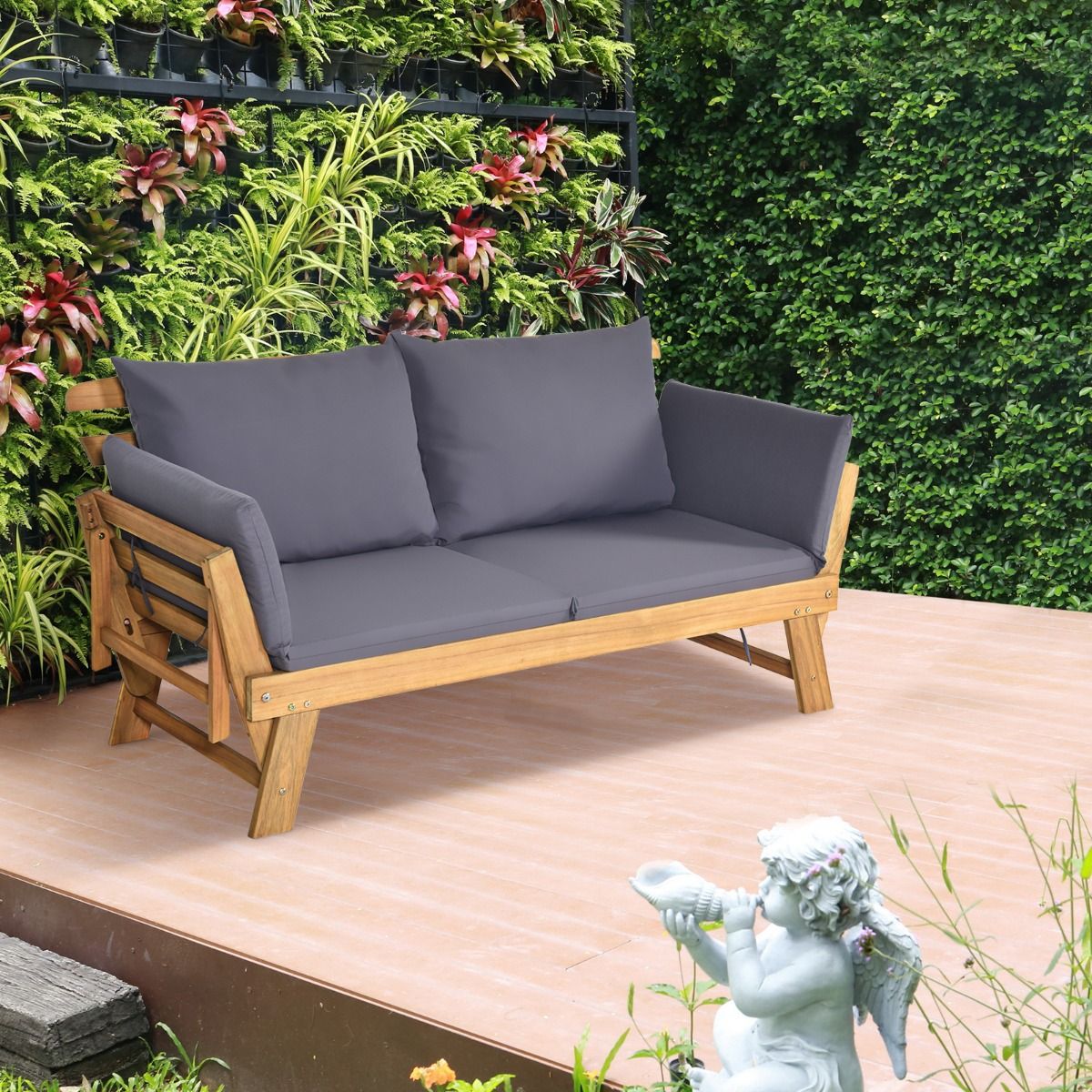 Convertible Deck Chair with Cushion 2 in 1 Acacia Wood Garden Sofa with Adjustable Armrest for Patio Swimming Pool Garden White/Grey/Blue/Red -
