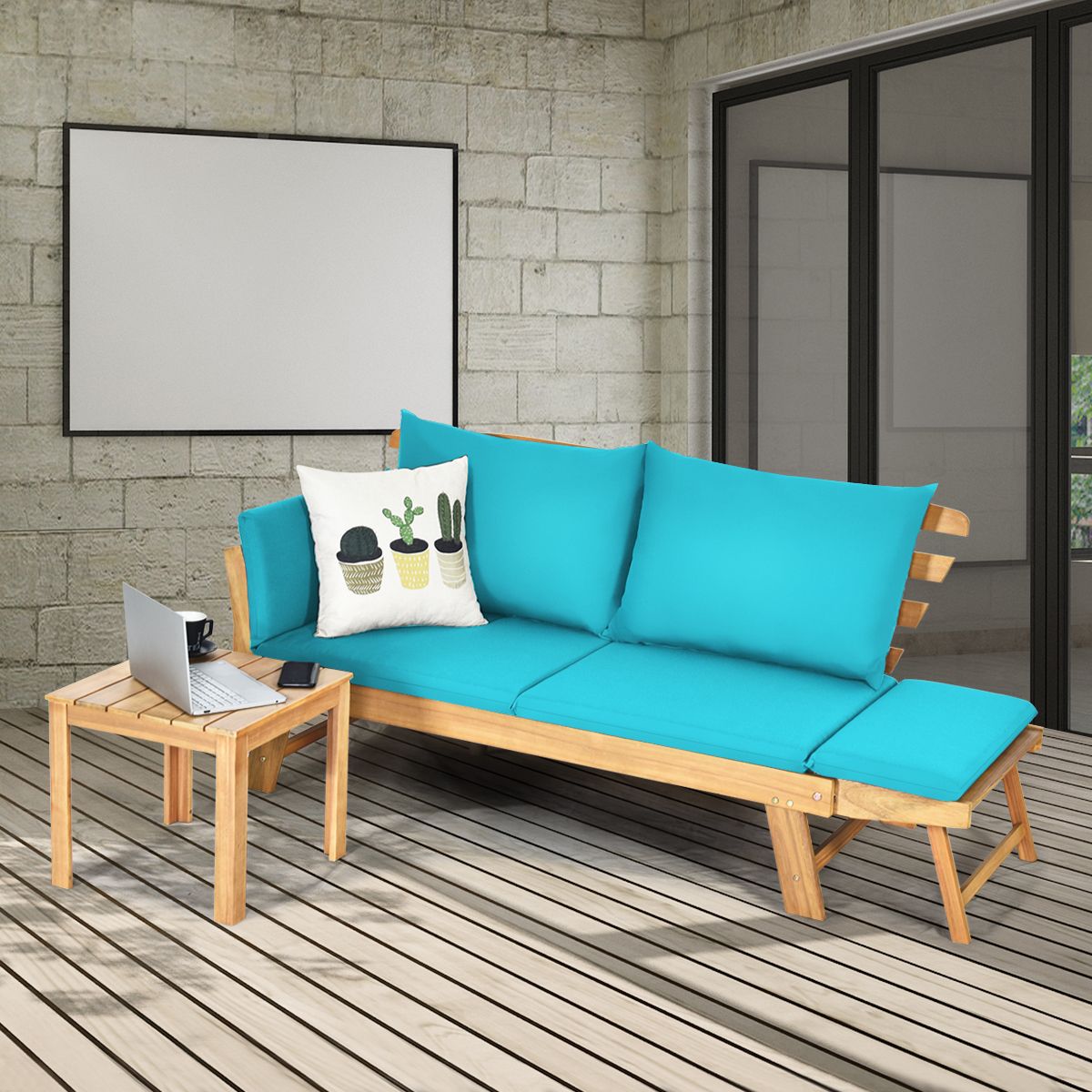 Convertible Deck Chair with Cushion 2 in 1 Acacia Wood Garden Sofa with Adjustable Armrest for Patio Swimming Pool Garden White/Grey/Blue/Red -