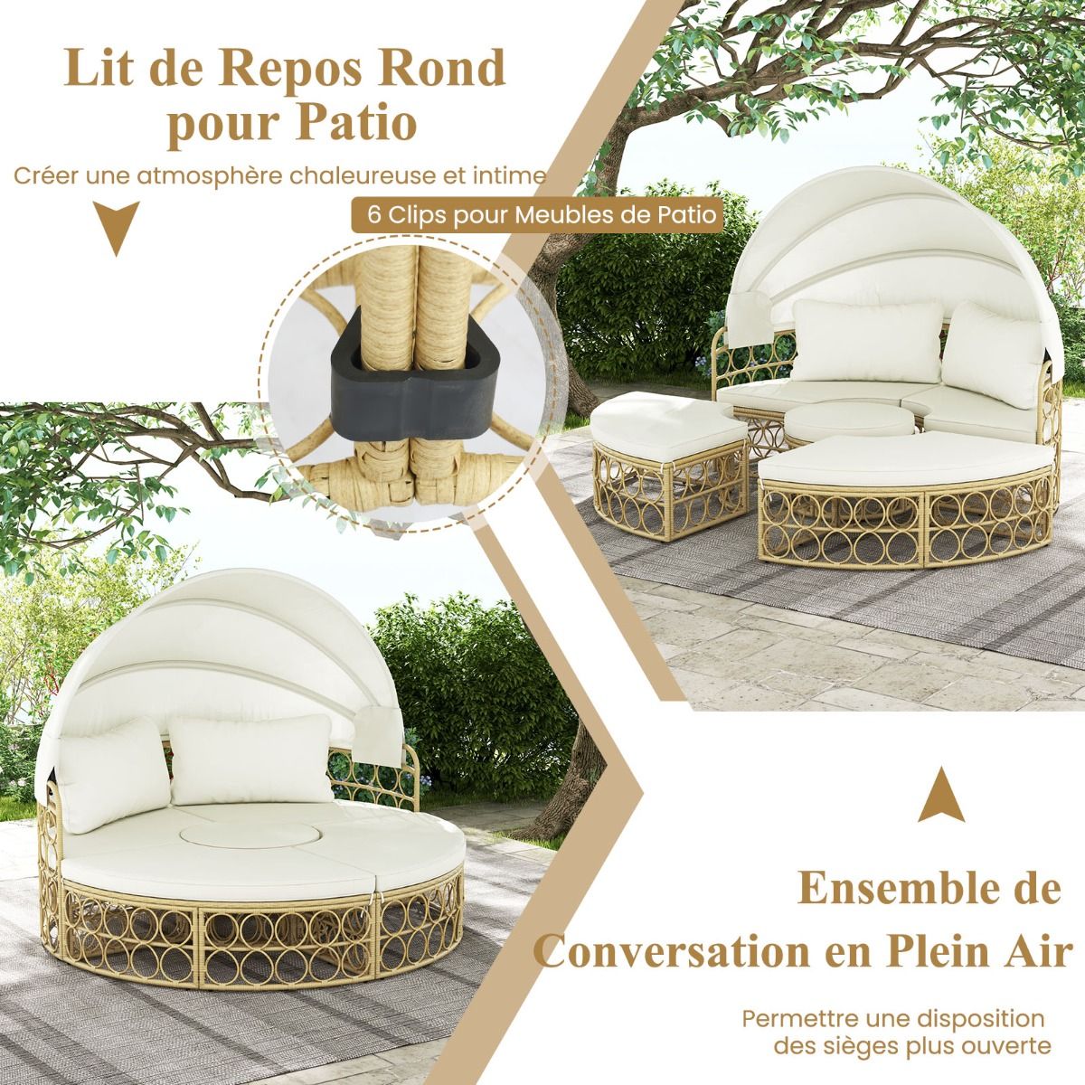 Round Patio Daybed with Retractable Canopy PE Rattan Separate Sectional Seating Set with Soft Cushions White -