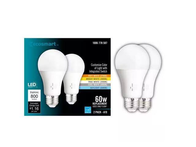 Ecosmart 60-Watt Equivalent A19 Dimmable CEC LED Light Bulb with Selectable Color Temperature (2-Pack) - Product image 1