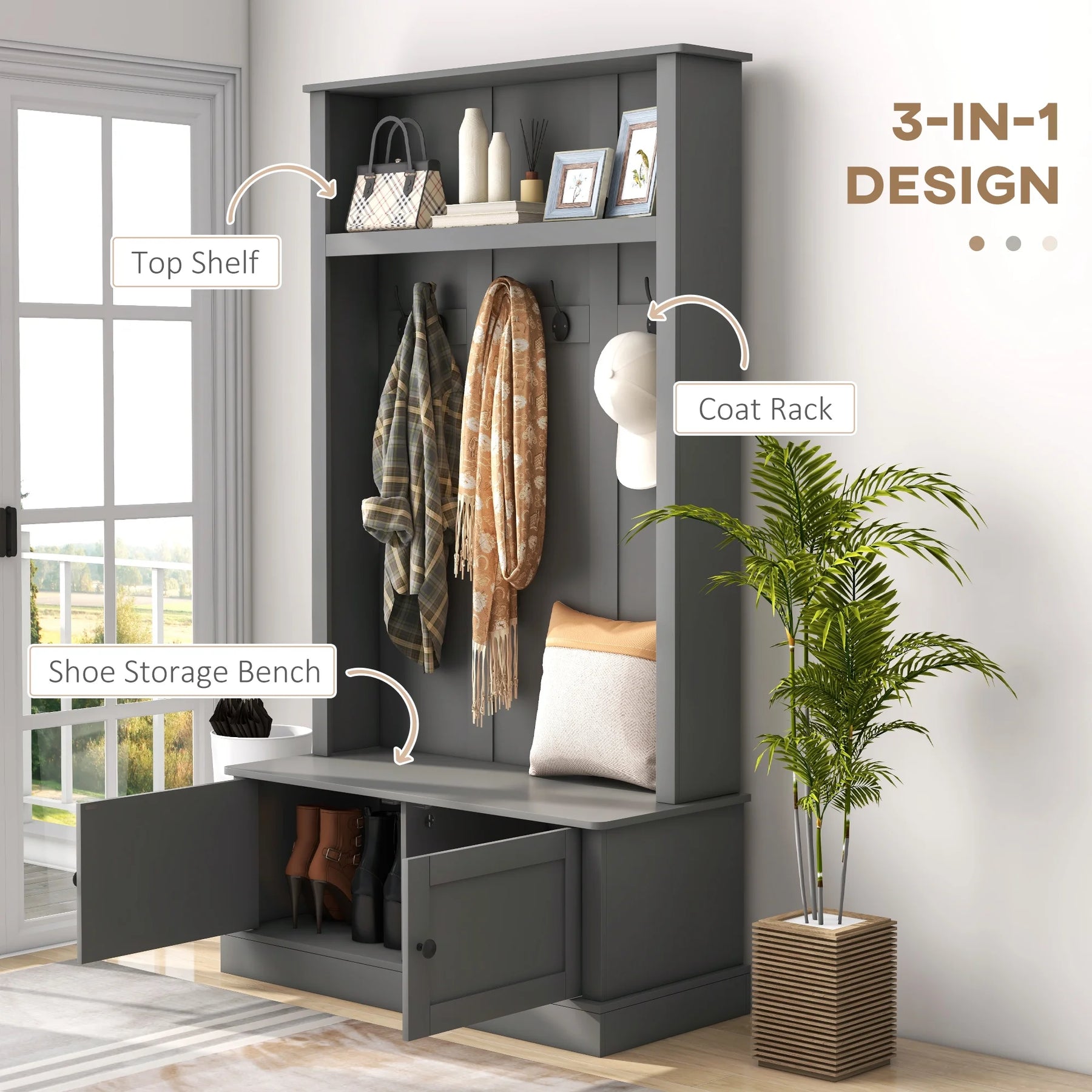 HOMCOM Hall Tree, Entryway Bench W/ Coat Rack, Shoe Cabinet, Black - Product image 13