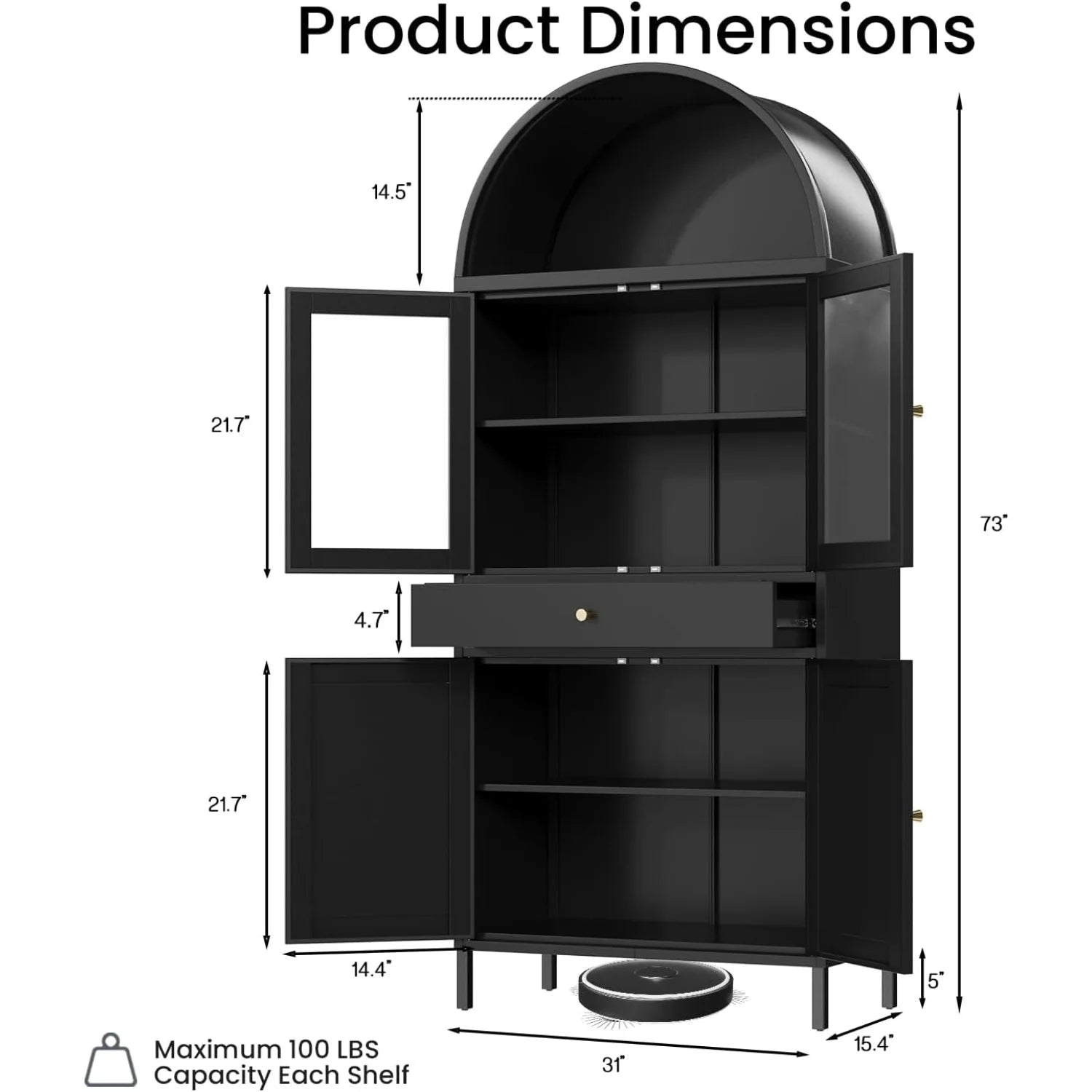 AECOJOY 73'' Kitchen Pantry, Metal Arched Storage Cabinet with Glass Doors/Adjustable Shelfs/Drawer - Product image 3