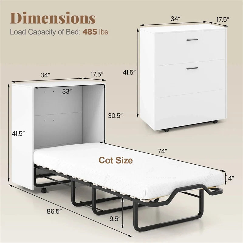 Cot Size Murphy Cabinet Bed with Mattress, 2-in-1 Folding Rollaway Guest Bed into Storage Cabinet with - Product image 14