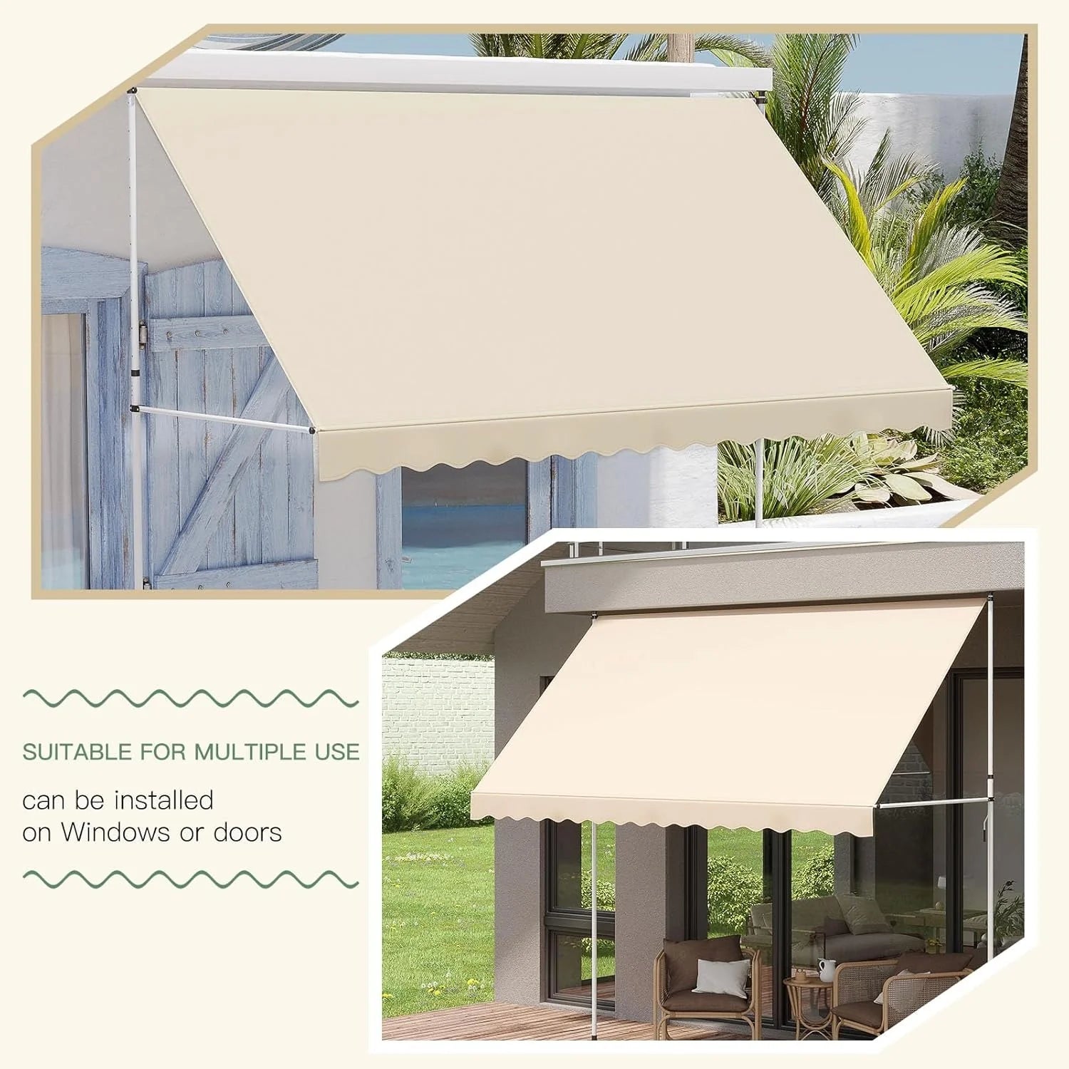 AECOJOY Manual Retractable Awning, 118" Non-Screw Outdoor Patio Awning, Beige - Product image 9