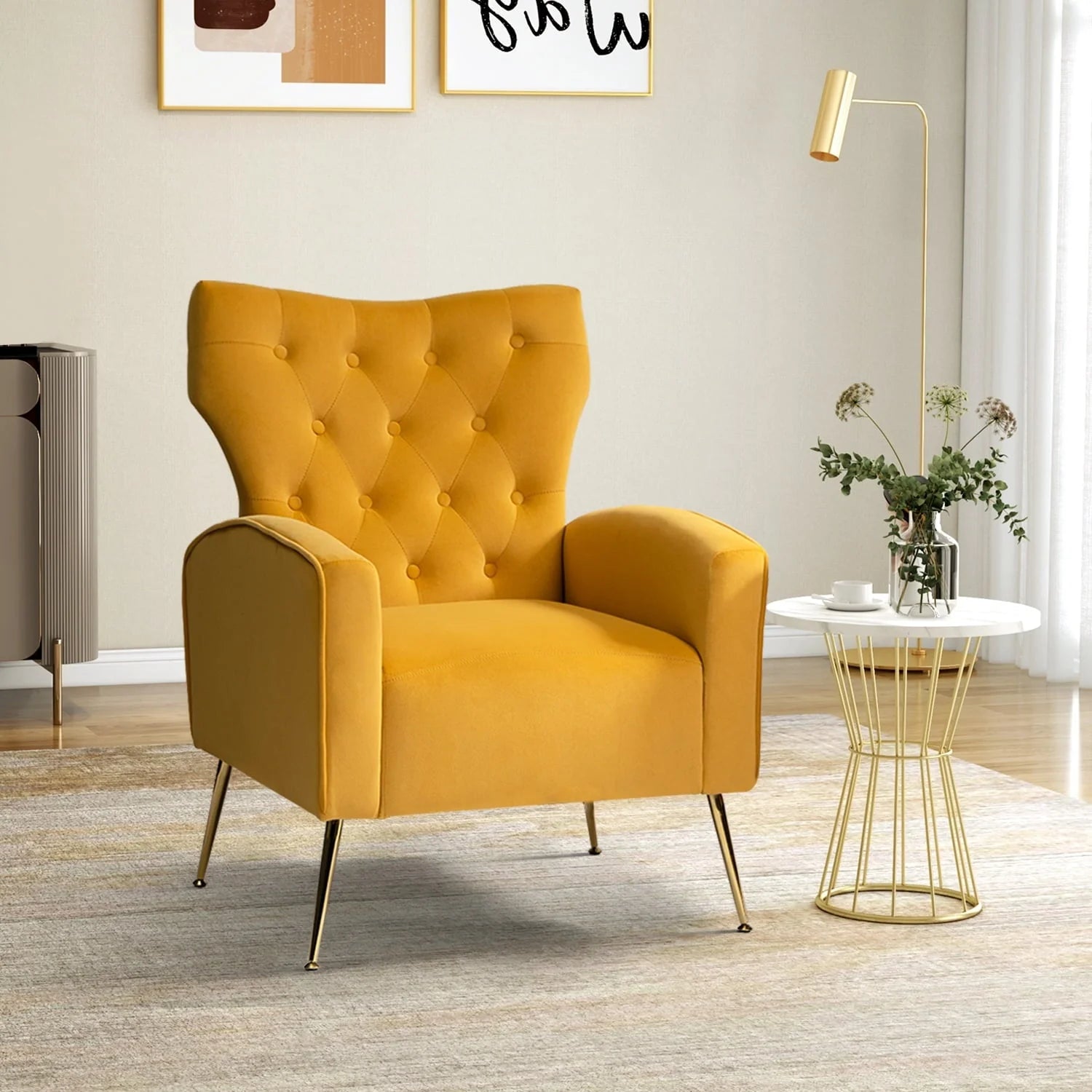14 Karat Home Fall Home Decor Velvet Accent Chair Button Tufted Metal Legs Adult Living Room Mustard - Product image 1