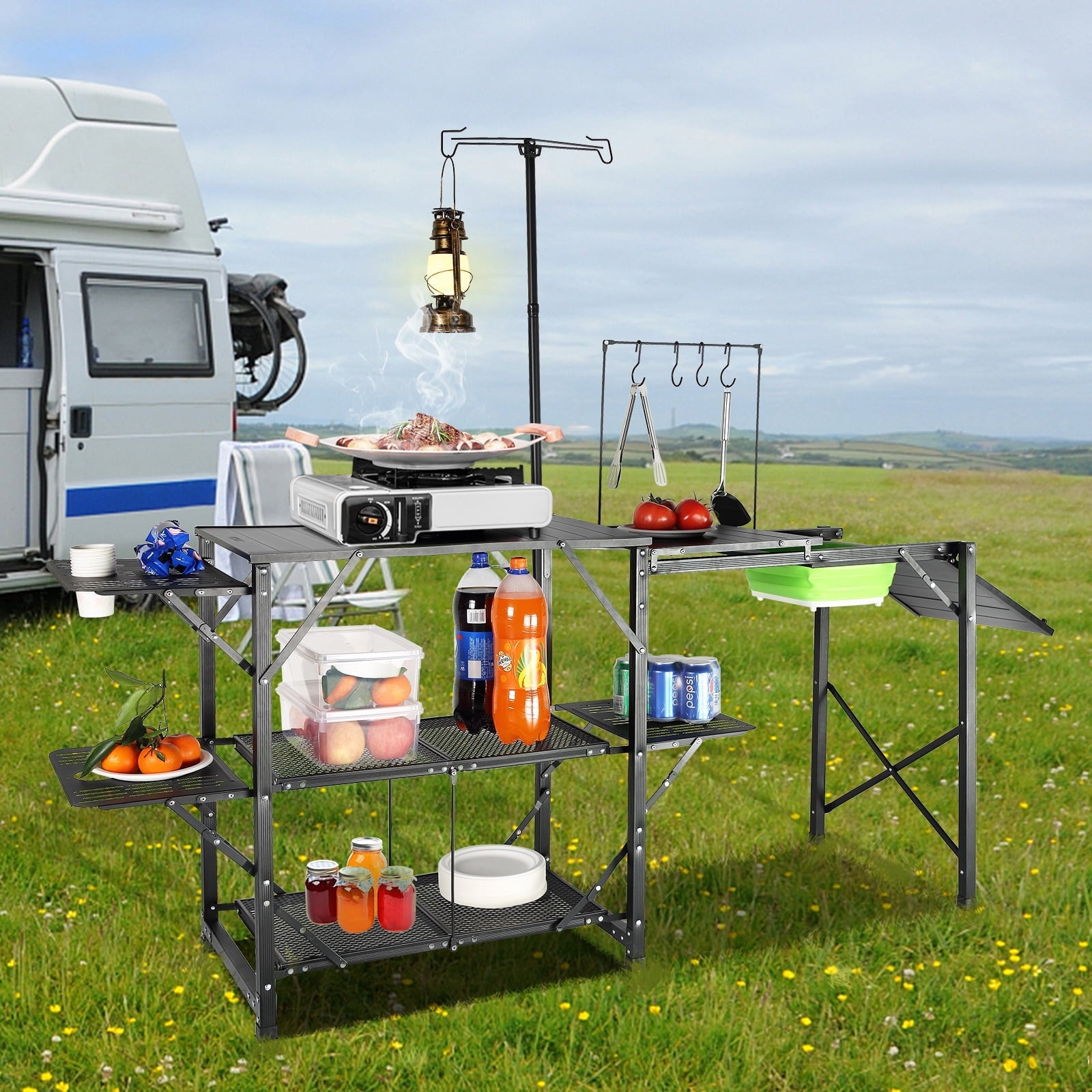 Camping Kitchen Table Folding Portable Cook Station Tables Shelves &A Sink - Product image 1