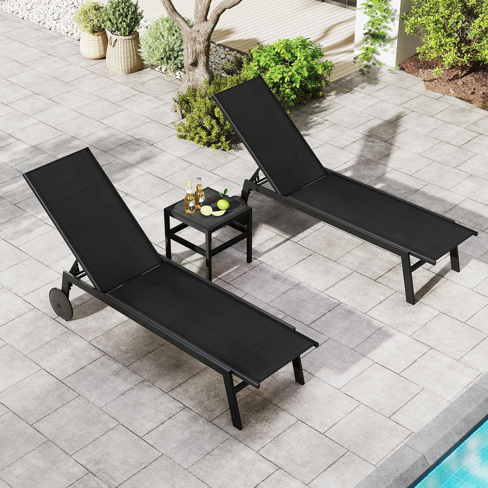 Tangkula Lounge Chair Outdoor with Wheels, Patio Chaise Lounge with 6-Level Adjustable Backrest(2, Black) - Product image 2
