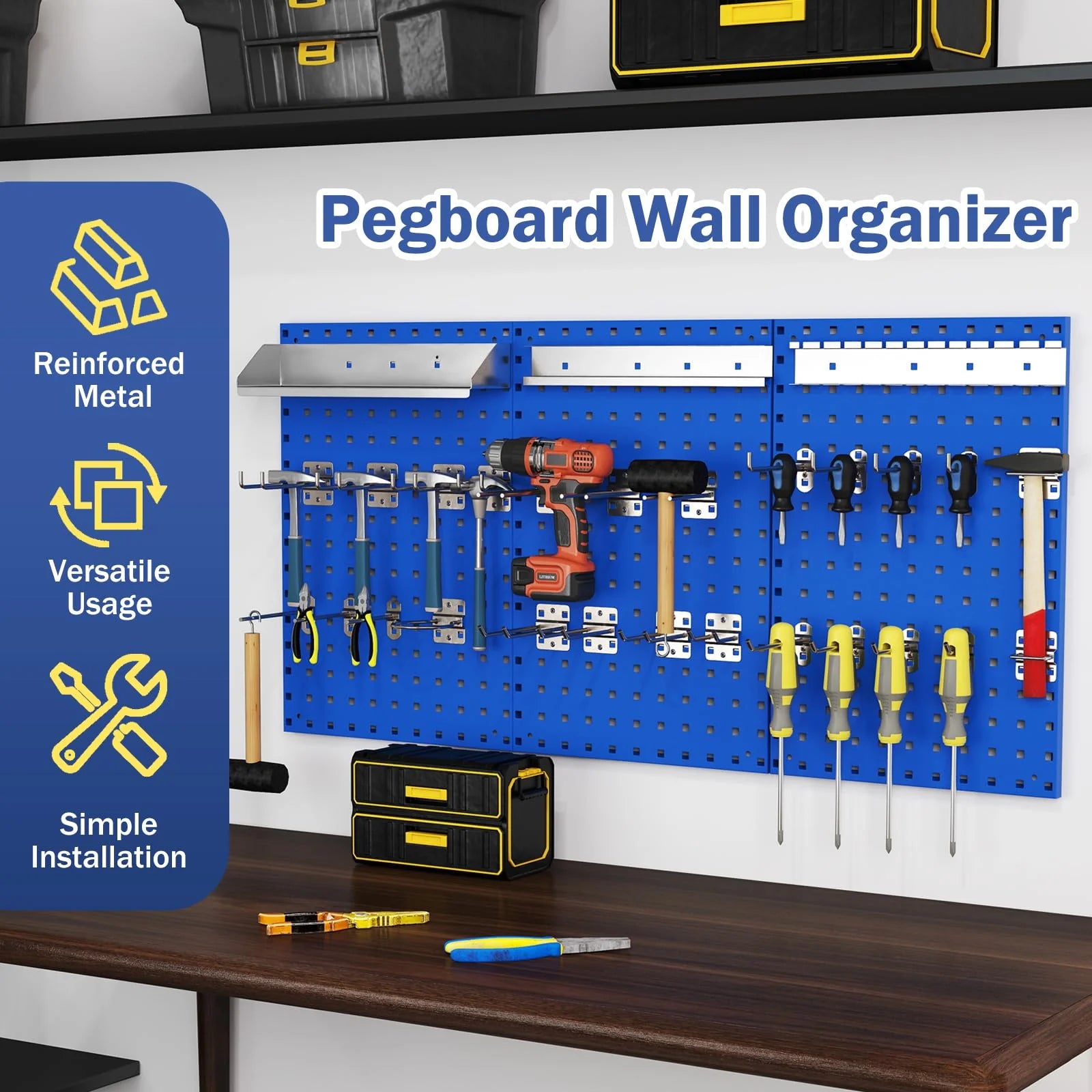 3 Pcs Metal Pegboard Panels w/25 Hooks, Storage Platform & Square Hole, Heavy Duty Pegboard Wall Organizer - Product image 16
