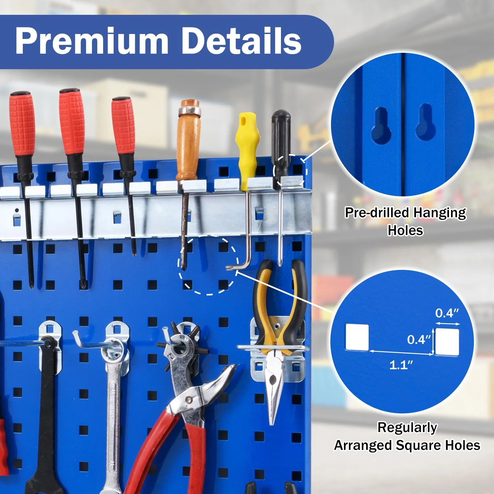 3 Pcs Metal Pegboard Panels w/25 Hooks, Storage Platform & Square Hole, Heavy Duty Pegboard Wall Organizer - Product image 15
