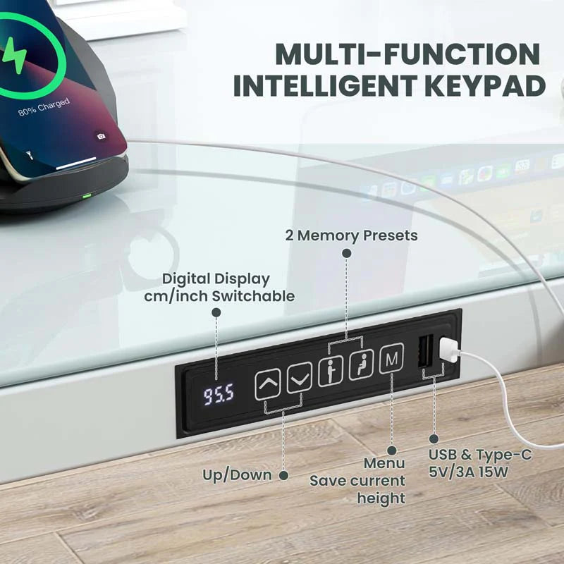 48" x 24" Electric Standing Desk with Drawer, Tempered Glass Top, Memory Positions & USB Type-C Outlets - Product image 8