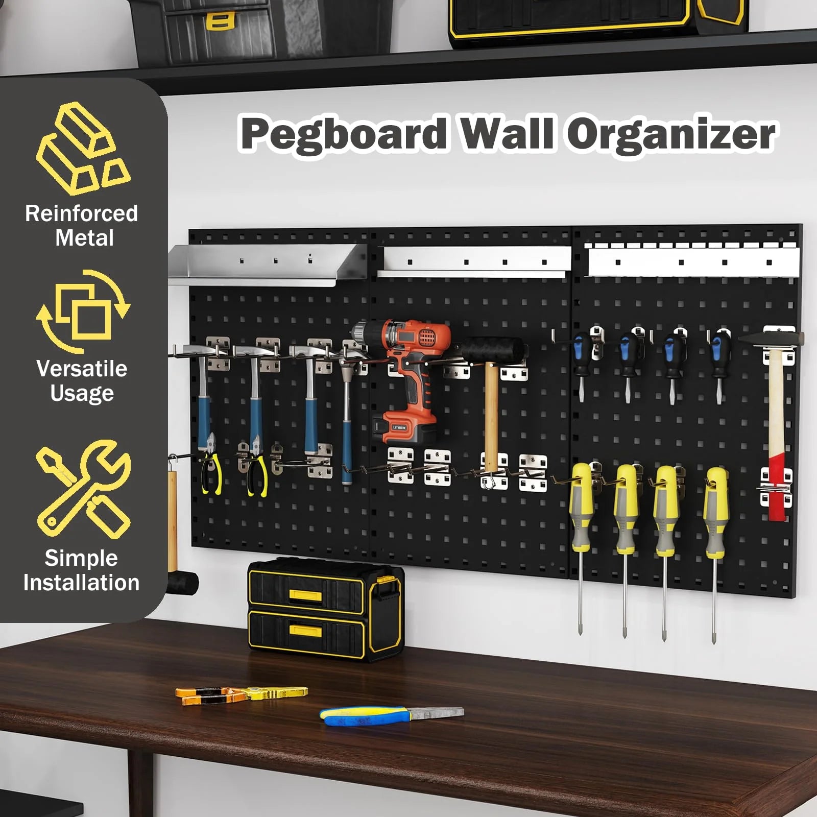 3 Pcs Metal Pegboard Panels w/25 Hooks, Storage Platform & Square Hole, Heavy Duty Pegboard Wall Organizer - Product image 6