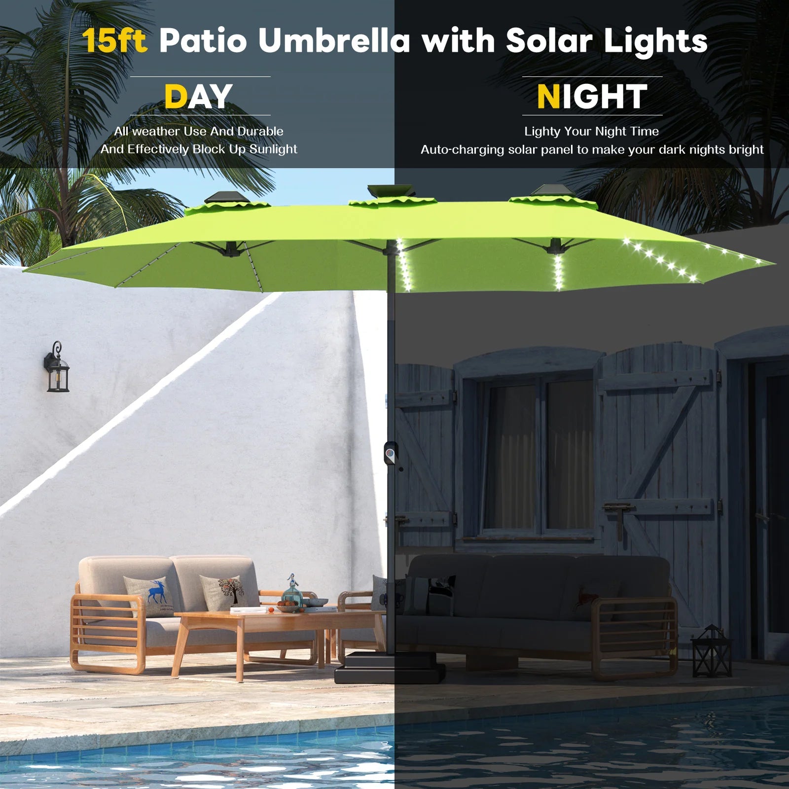 AECOJOY 15ft Patio Double-Sided Umbrella, 156 PCS Solar LED Light Outdoor Large Umbrella, Green - Product image 7