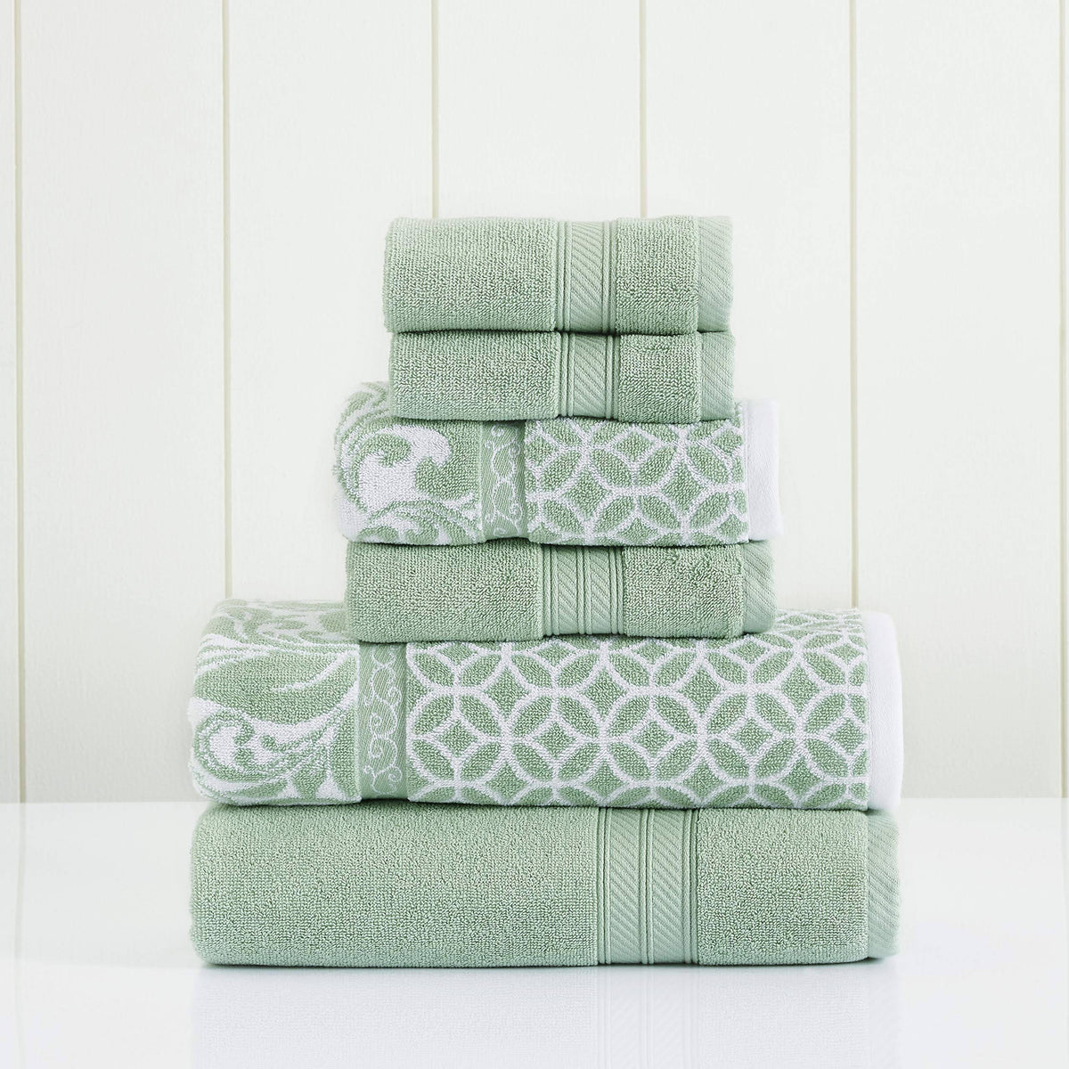 Pacific Coast Textiles Trefoil Filigree 6-Piece Cotton Adult Bath Towel Set, Sage